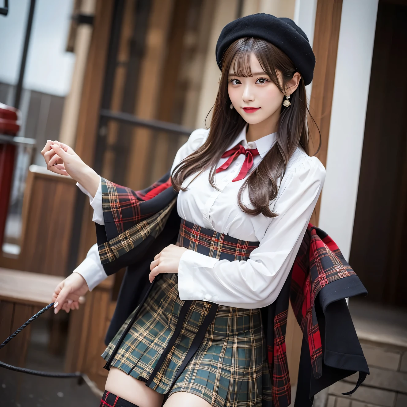 (highest quality,16k,masterpiece,),(ultra high resolution,RAW photo),(Super detailed,caustics),Beautiful girl with an idol face,18-year-old,cute,super big breasts、black long hair,Looking at camera with a smile ,Photographed on a beautiful stage,(front shot),bust up shot,(Low - Angle:1.5)、her outfit is underwear、That&#39;s what the strings on my underwear look like&#39;it will unravel, so I&#39;I&#39;m desperately trying to hold it back.、1 girl, break //Fashion traditional scottish piper costume, A knee-length kilt skirt featuring a classic tartan pattern.。, Shoulder sash in complementary or contrasting colors, The kilt and sash match the tartan of the family or clan.、Can increase reliability。, break A crisp white blouse with ruffled or lace detailing, Fitted bodice over blouse with decorative lace or buttons, Decorate the body with corsages and fabric flowers、add a feminine touch。, break Knee-high hose in a solid color, The top part is folded in a distinctive pattern., gilly brogue shoes, traditional Scottish shoe with laces that wrap around the ankle, Optional garter flash and matching tartan for added flair, break A traditional Scottish piper hat or Glengarry hat adorned with a clan badge, Accessories that represent bagpipes, Like a pin or small charm, as a practical touch、Consider adding a sporran to your quilt。, break、erotic