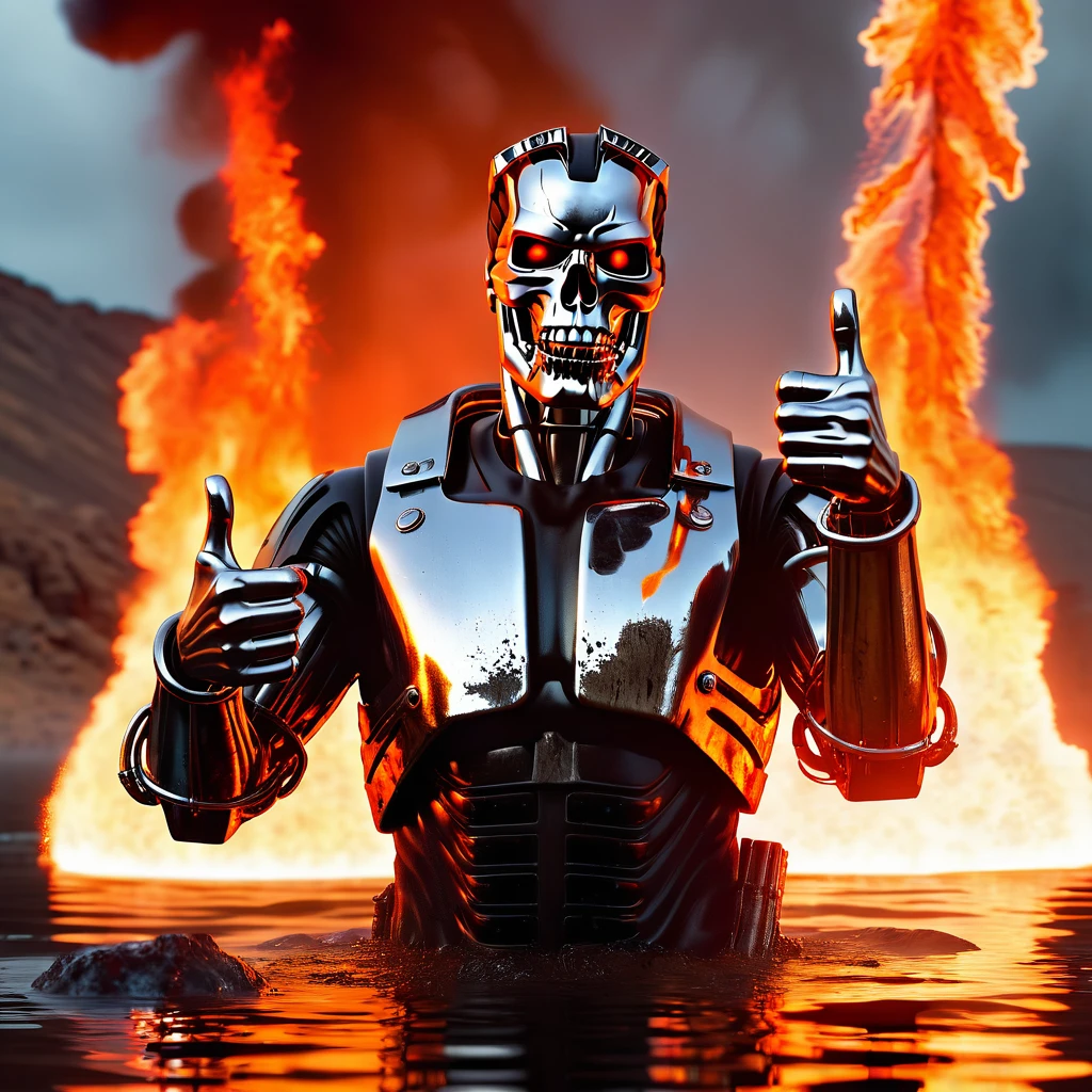 T-800 submerging into a molten metal lake, semi-submerged head and arm protruding, hand delivering a thumbs-up gesture, Terminator 2: Judgment Day epic finale scene, cinematic capture, ultra-quality, hyper-detailed, 32k resolution, apocalyptic ambiance, industrial doom, backlight glow, glowing orange and red hues, reflective metal surface, dramatic lighting, volumetric smoke effects, high dynamic range, exquisitely composed, a trending piece on ArtStation, visuals at a stunning 8K, blending photorealistic concept art with the refined illumination of soft, cinematic composition, masterpiece-level oil painting., ultra-detailed, high contrast shadows emphasizing the grave markers, evoking the film's classic cinematography. High Resolution, High Quality, Masterpiece.best quality, masterpiece, super detail