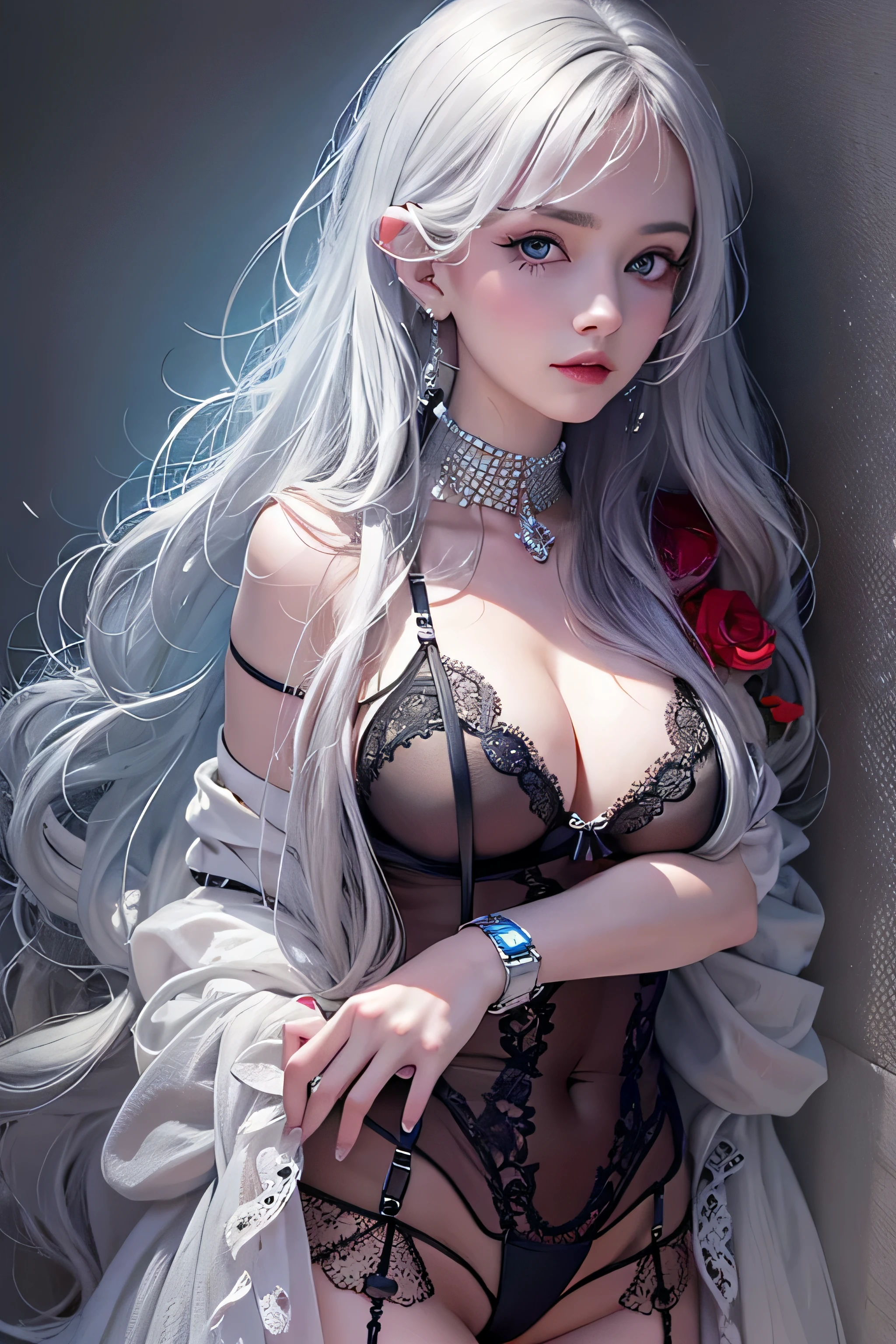 realistic, High resolution, soft light, 1 girl, alone, waist rises high, blue eyes, (silvery white straight long hair), red lips, black lace sexy lingerie, waist rises high, jewelry,