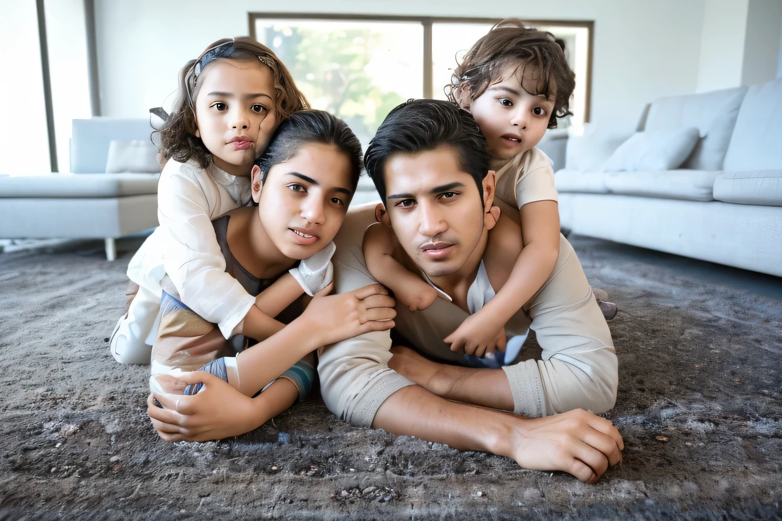 photo of a Latino, beautiful woman lies on a Persian carpet, two children playing next to each other, boy and latin girl, photorealism, and high resolution, medium shot