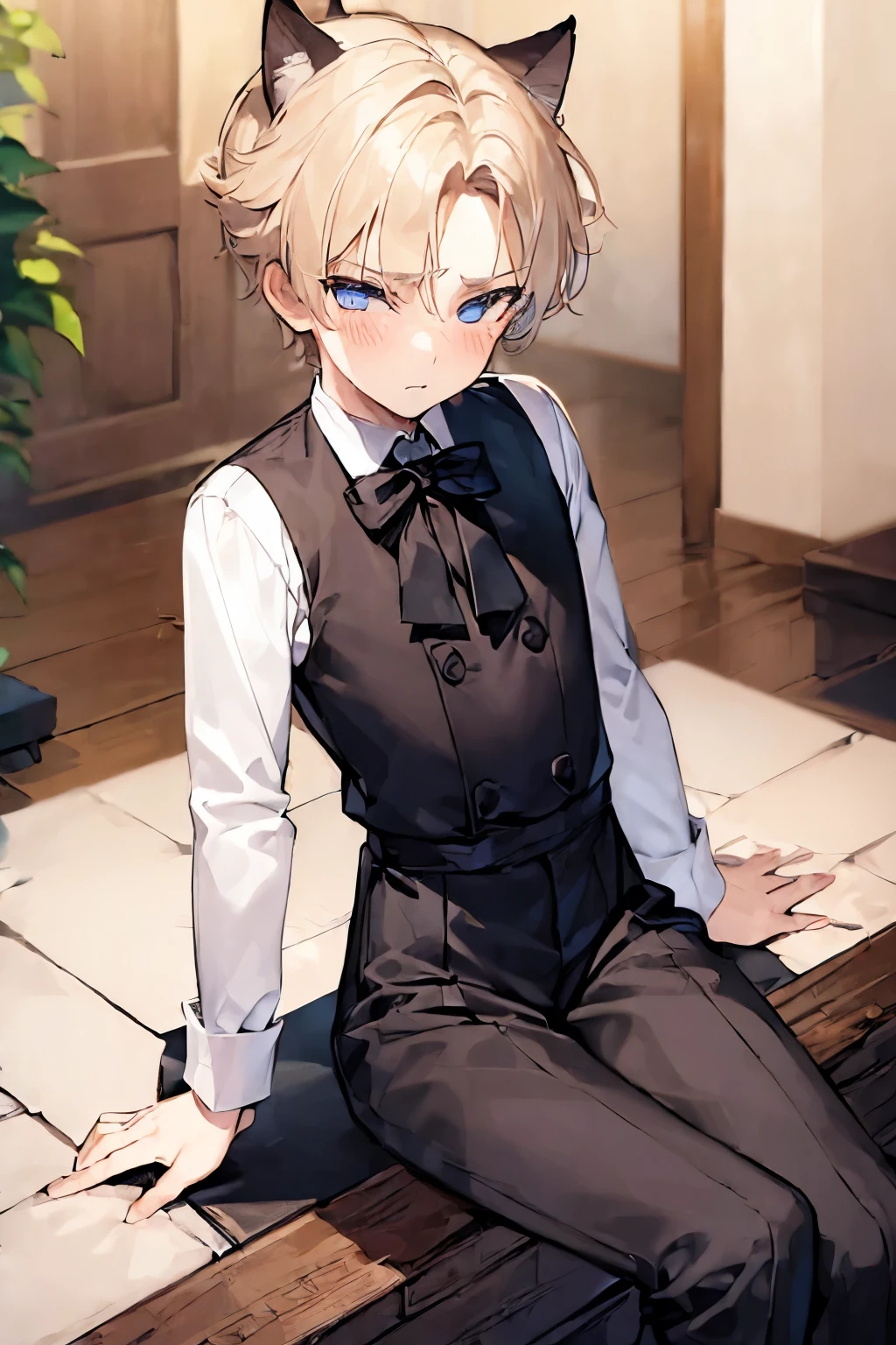 ((((((1 boy)))))), Fluffy and vibrant beige medium length hair, Cat ears, slim figure, ((pale skin)), blue eyes, living room setting, seductively smug, Tight black maid uniform, Lean body, big thighs, Waist is very thin, very big ass, convex, Raise your legs high, blush