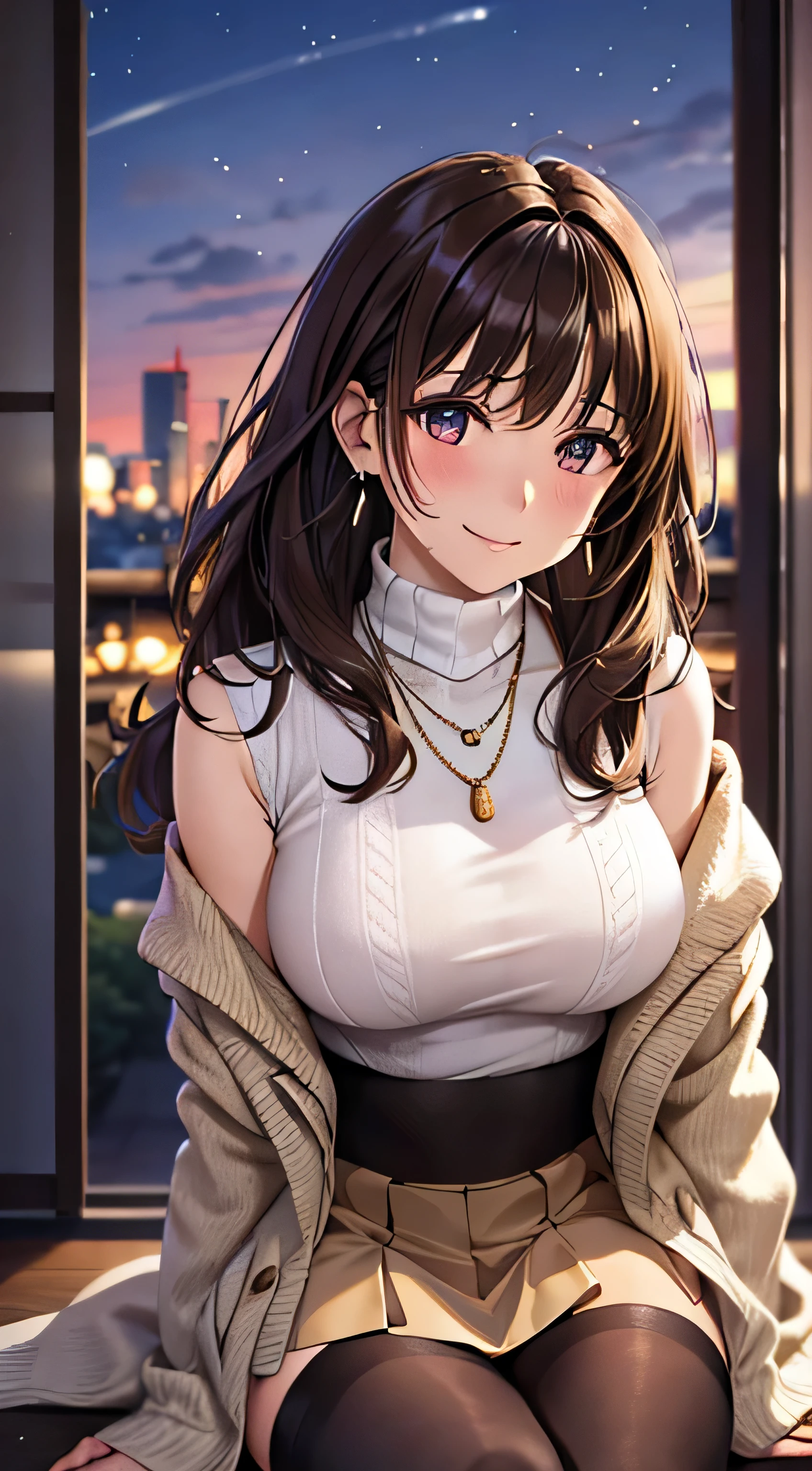 (table top, highest quality, High resolution, , perfect pixel, 4k,), 1 girl, single, alone, Beautiful woman、I could see the whole body、 ((Wavy mid-hair, bangs, brown hair)), ((brown eyes, beautiful eyelashes, realistic eyes)), ((detailed face, blush:1.2)), ((smooth texture:0.75, realistic texture:0.65, realistic:1.1, Anime CG style)), medium breasts, dynamic angle, perfect body, ((, female teacher, , earrings、necklace、turtleneck sweater、beige flared skirt、black knee high stockings、open both legs wide、、shy smile、Sit on the floor、leaning forward)), Upper grade、、、evening、、(pink lace panties are visible、、(Bring your chest and arms together、Lift up your skirt and show your panties、The wind blows up my skirt)、angle from below)、