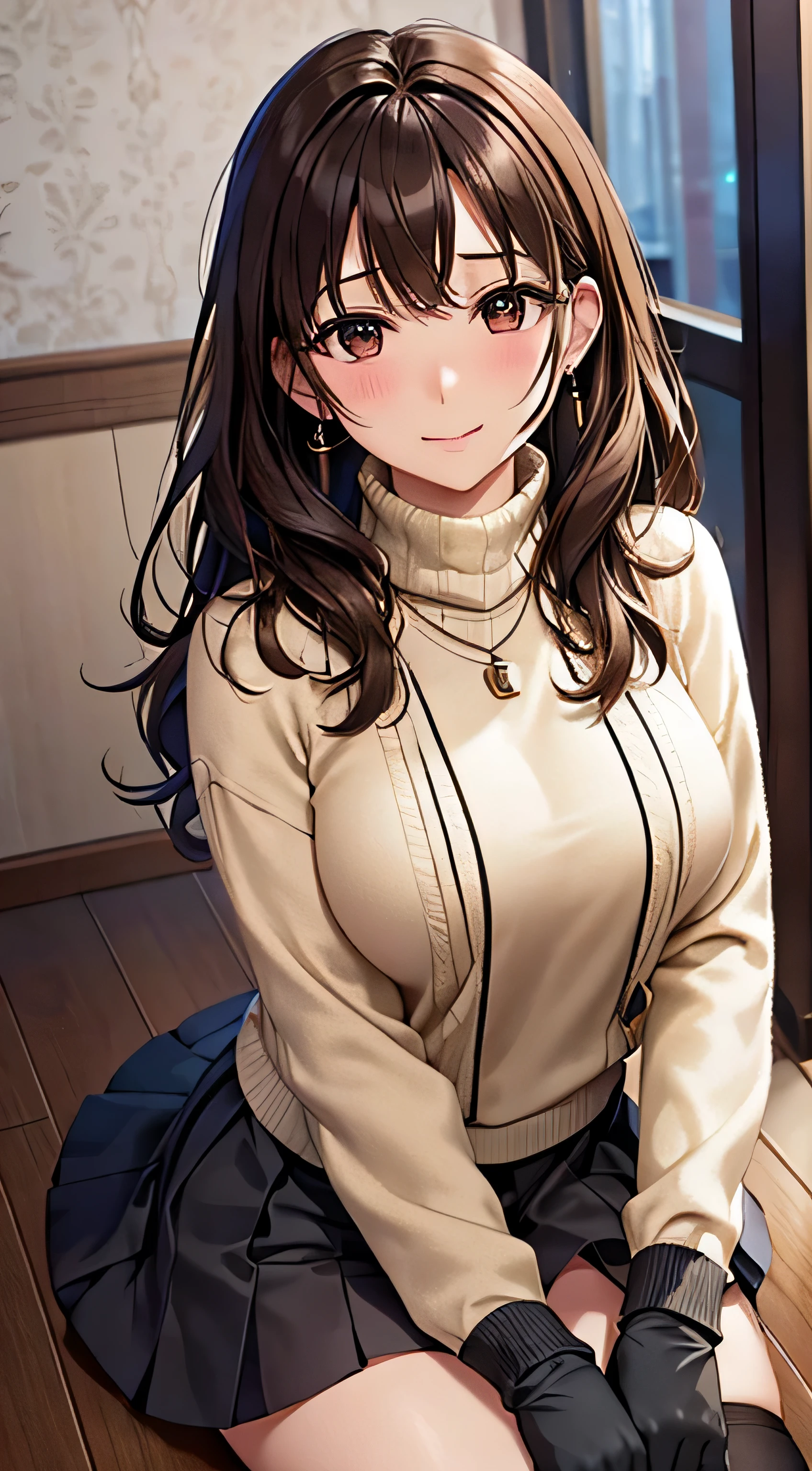 (table top, highest quality, High resolution, , perfect pixel, 4k,), 1 girl, single, alone, Beautiful woman、I could see the whole body、 ((wavy mid-length hair, bangs, brown hair)), ((brown eyes, beautiful eyelashes, realistic eyes)), ((detailed face, blush:1.2)), ((smooth texture:0.75, realistic texture:0.65, realistic:1.1, Anime CG style)), medium breasts, dynamic angle, perfect body, ((, female teacher, , earrings、necklace、turtleneck sweater、、black knee high stockings、((open both legs wide、open both knees))、Tight denim skirt、shy smile、Sitting at the pulpit、emphasize the chest、、)), 、、、evening、、(You can see her pink and white lace panties、、(、)、)、