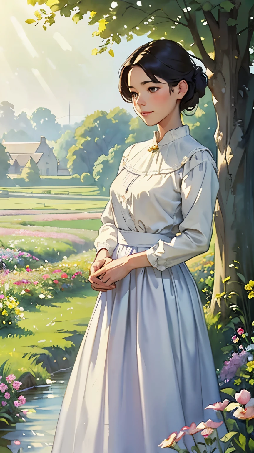 (Sargent style watercolor)、(highest quality、masterpiece)、soft light、(Countryside painted on a foggy morning)、view of the cotswolds,old farmhouse、stream、flower garden、one woman、White blouse and long skirt、picnic、(Surrounded by blooming flowers and lush greenery), (Warm light and gentle sunshine), (A subtle breeze gently rustles her hair), soft pastel colors, dreamy atmosphere, (charming).