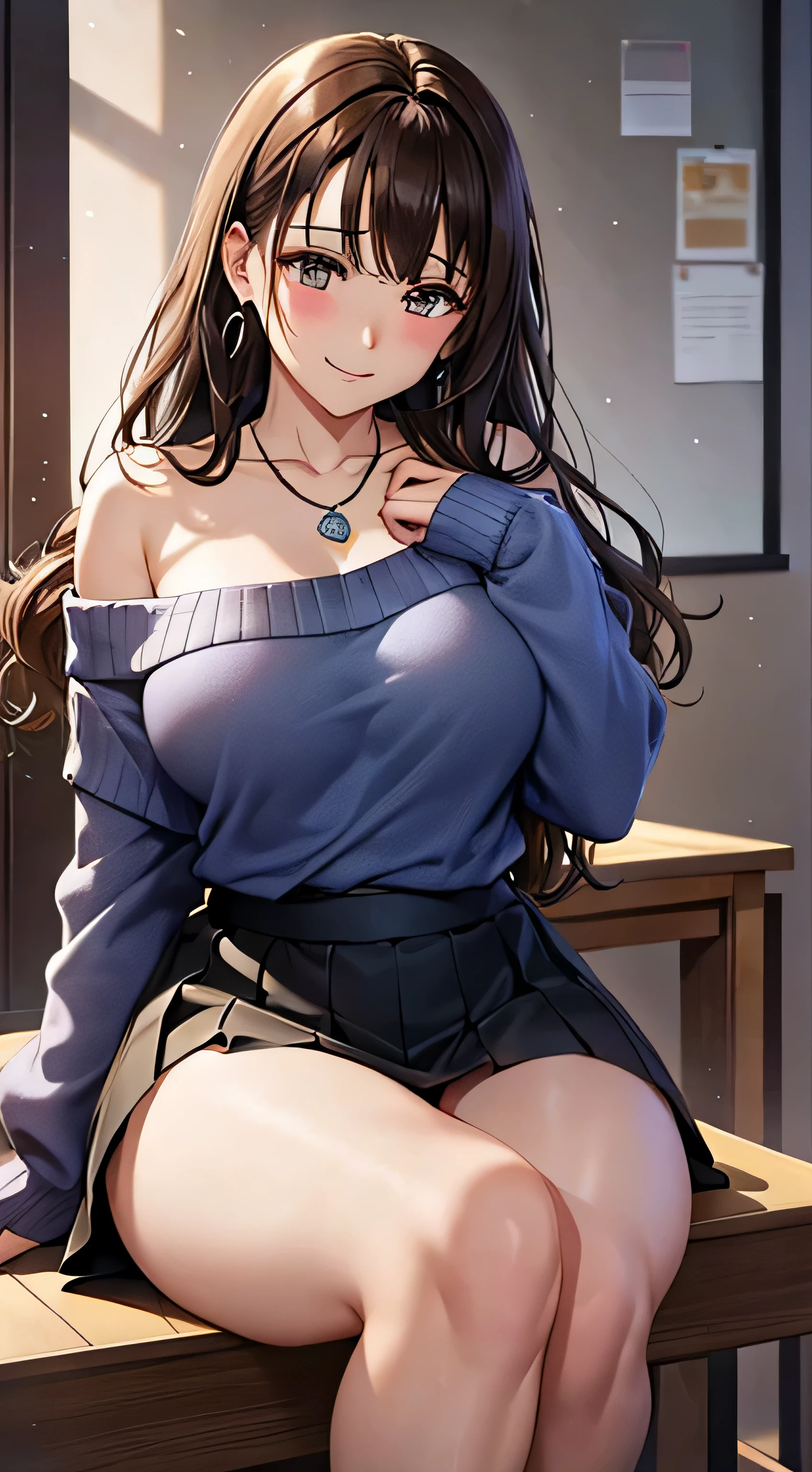 (table top, highest quality, High resolution, , perfect pixel, 4k,), 1 girl, single, alone, Beautiful woman、I could see the whole body、 ((Wavy mid-hair, bangs, brown hair)), ((brown eyes, beautiful eyelashes, realistic eyes)), ((detailed face, blush:1.2)), ((smooth texture:0.75, realistic texture:0.65, realistic:1.1, Anime CG style)), soft chest, dynamic angle, perfect body, ((, female teacher, , earrings、necklace、off shoulder sweater、Dark blue flared skirt、black knee high stockings、open both legs wide、、shy smile)), Upper grade、、、evening、sit at desk、Massage your chest with both hands、close your chest with both hands、You can see the light blue lace panties)、angle from below)、