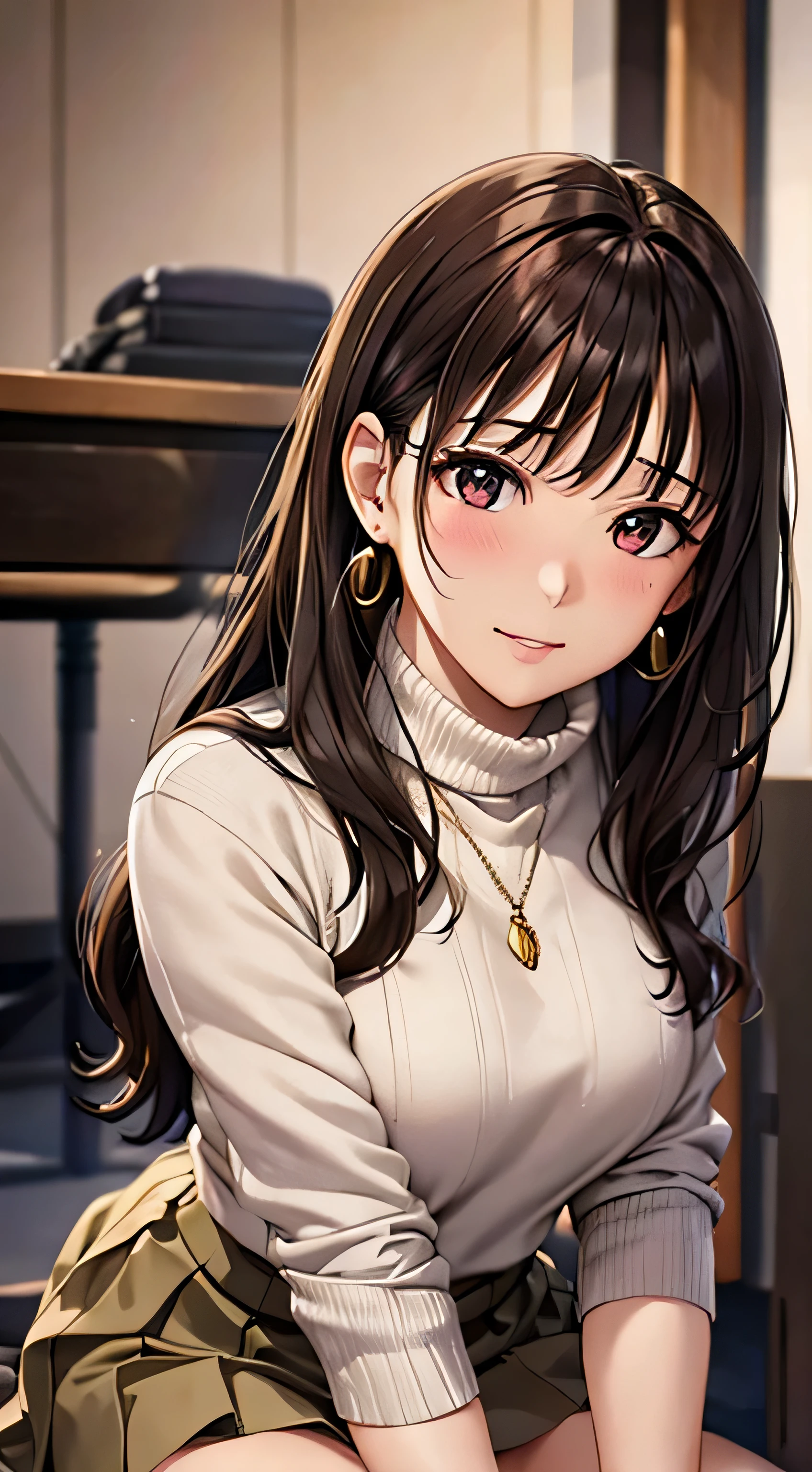 (table top, highest quality, High resolution, , perfect pixel, 4k,), 1 girl, single, alone, Beautiful woman、I could see the whole body、 ((Wavy mid-hair, bangs, brown hair)), ((brown eyes, beautiful eyelashes, realistic eyes)), ((detailed face, blush:1.2)), ((smooth texture:0.75, realistic texture:0.65, realistic:1.1, Anime CG style)), medium breasts, dynamic angle, perfect body, ((, female teacher, , earrings、necklace、turtleneck sweater、beige flared skirt、black knee high stockings、open both legs wide、、shy smile、Sit on the floor、leaning forward)), Upper grade、、、evening、、(pink lace panties are visible、、(Bring your chest and arms together、Lift up your skirt and show your panties、The wind blows up my skirt)、angle from below)、