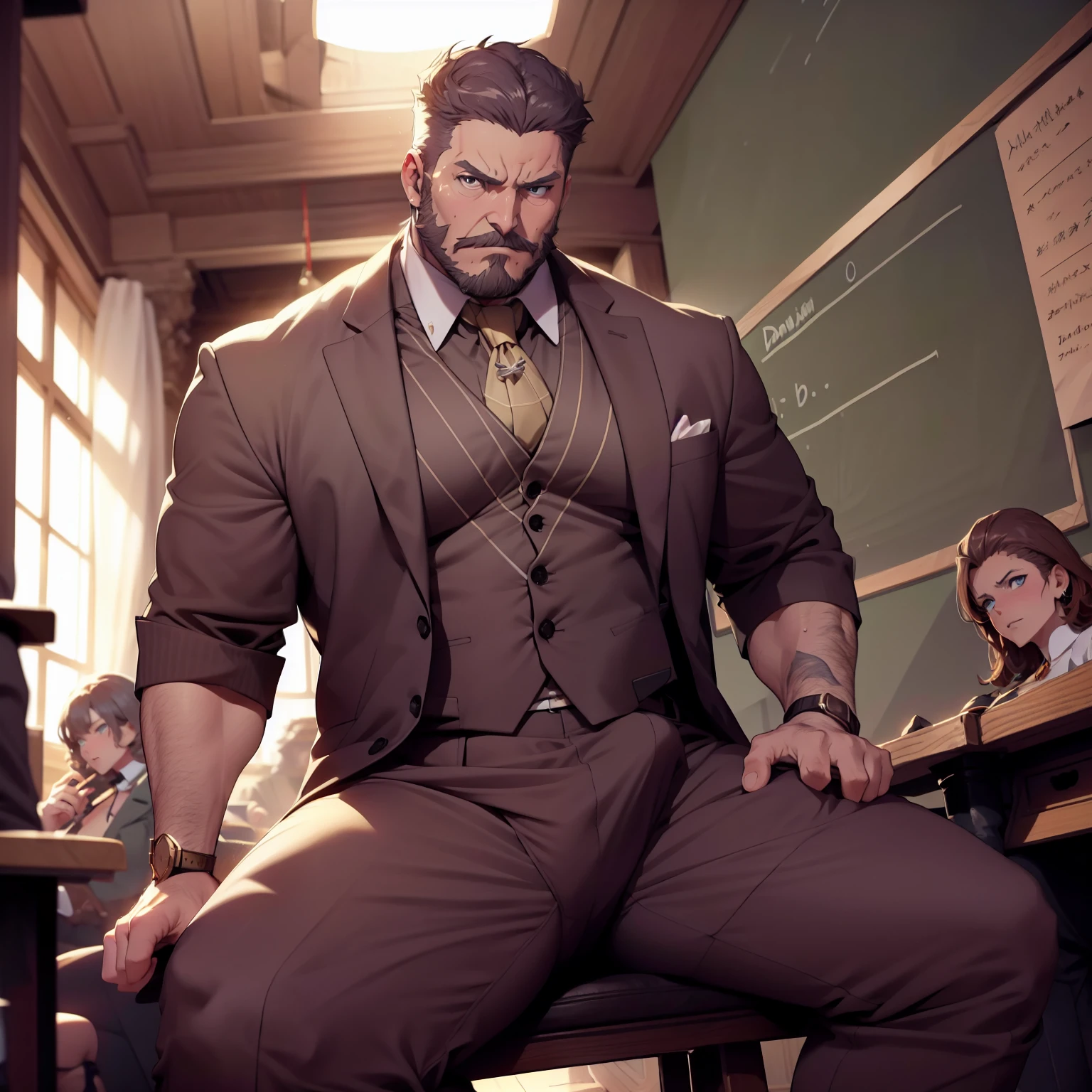 Handsome professor, muito lascivo, imponente, Vista frontal, below pov, corpo inteiro, 40 years old, short hair , thick beard, peitorais largos, peitorais enornes, hair chest, pose imponente, He's mad, angry face, he is in the classroom, he is sitting with his legs open, wearing a tight cleavage formal red shirt, tight formal black pants, big bulge, bara, pixiv, visible penis line, Obra-prima maravilhosa altamente detalhada, beautiful cinematic light deep focus, elegante, Pintura digital, sementes, sharp focus, golden ratio, dramatic lighting, 8k