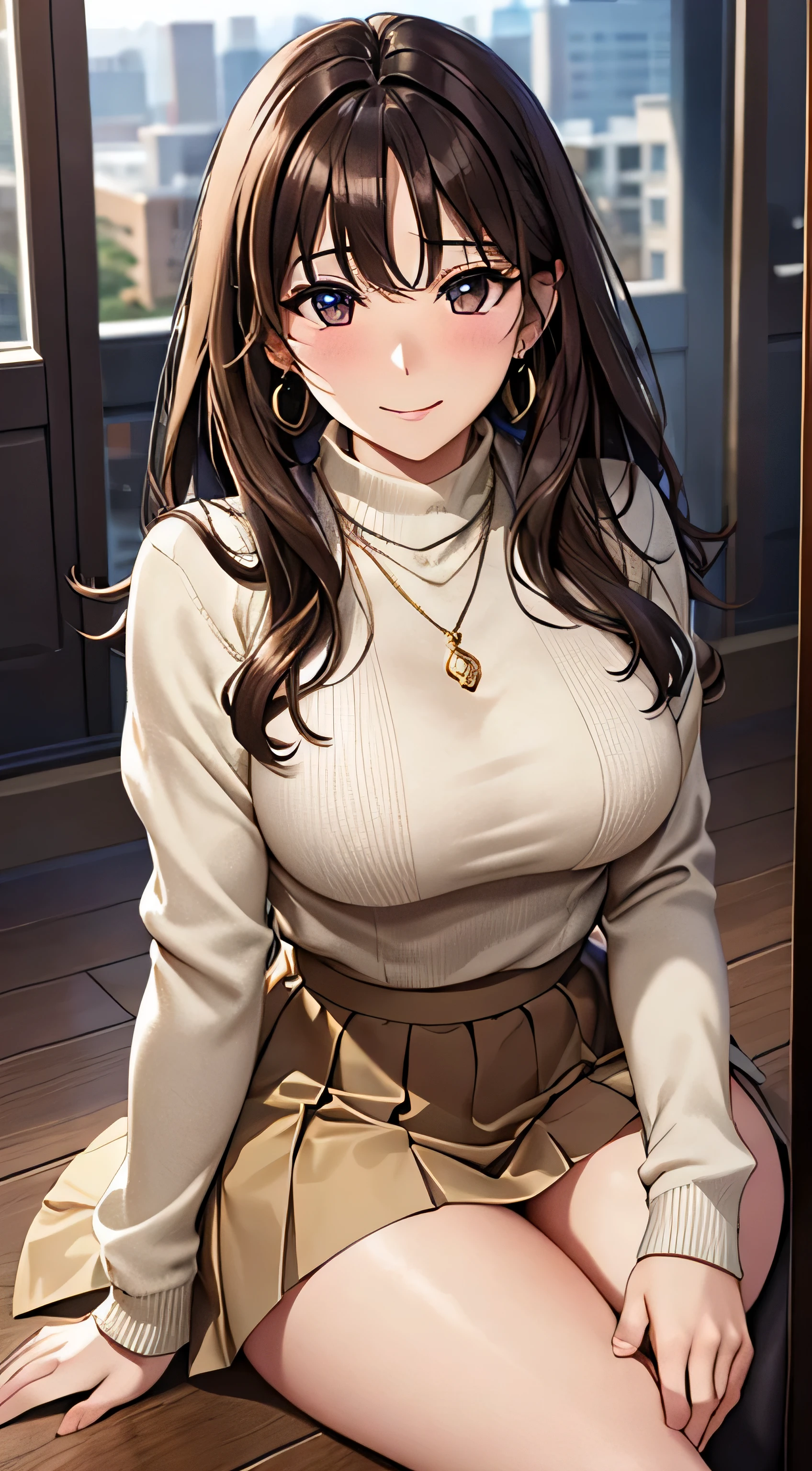 (table top, highest quality, High resolution, , perfect pixel, 4k,), 1 girl, single, alone, Beautiful woman、I could see the whole body、 ((Wavy mid-hair, bangs, brown hair)), ((brown eyes, beautiful eyelashes, realistic eyes)), ((detailed face, blush:1.2)), ((smooth texture:0.75, realistic texture:0.65, realistic:1.1, Anime CG style)), medium breasts, dynamic angle, perfect body, ((, female teacher, , earrings、necklace、turtleneck sweater、beige flared skirt、black knee high stockings、open both legs wide、、shy smile、Sit on the floor、leaning forward)), Upper grade、、、evening、、(pink lace panties are visible、、(Bring your chest and arms together、Lift up your skirt and show your panties、The wind blows up my skirt)、angle from below)、