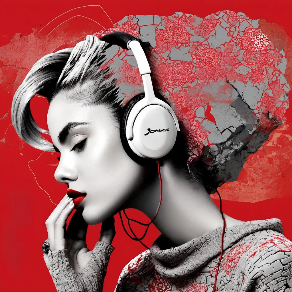 1、Old plaster, (Art by Joana Vasconcelos:1.4) ,Art by Valentine Penrose, photograph, Zoom out from stressed woman, Wearing an ingenious Islamic concrete sweater, Fashion Modeling Pose, semilong hairstyle, Glossy headphones, Sketched, Shameless, Lunapunk, flat lighting, Red theme background