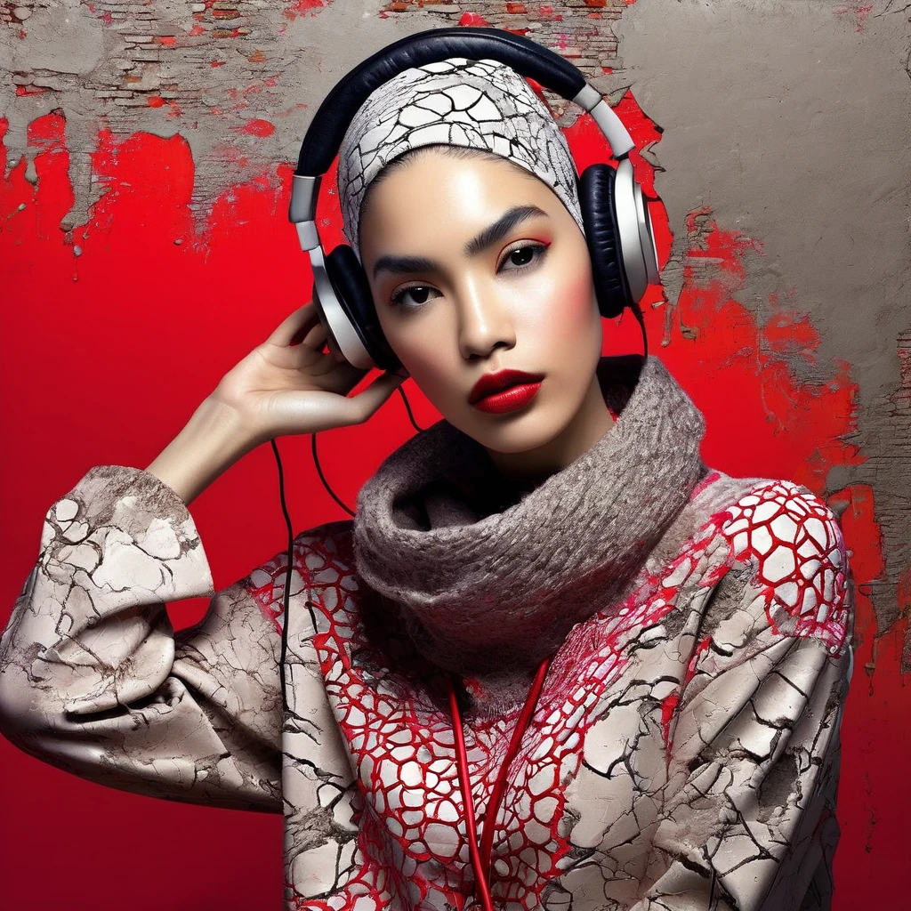 1、Old plaster, (Art by Joana Vasconcelos:1.4) ,Art by Valentine Penrose, photograph, Zoom out from stressed woman, Wearing an ingenious Islamic concrete sweater, Fashion Modeling Pose, semilong hairstyle, Glossy headphones, Sketched, Shameless, Lunapunk, flat lighting, Red theme background