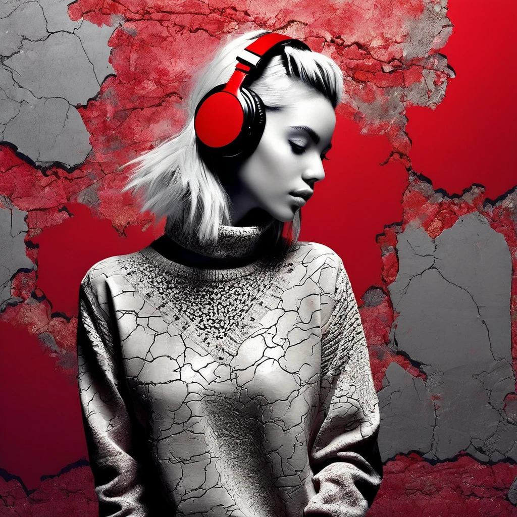 1、Old plaster, (Art by Joana Vasconcelos:1.4) ,Art by Valentine Penrose, photograph, Zoom out from stressed woman, Wearing an ingenious Islamic concrete sweater, Fashion Modeling Pose, semilong hairstyle, Glossy headphones,  Sketched, Shameless, Lunapunk, flat lighting, Red theme background