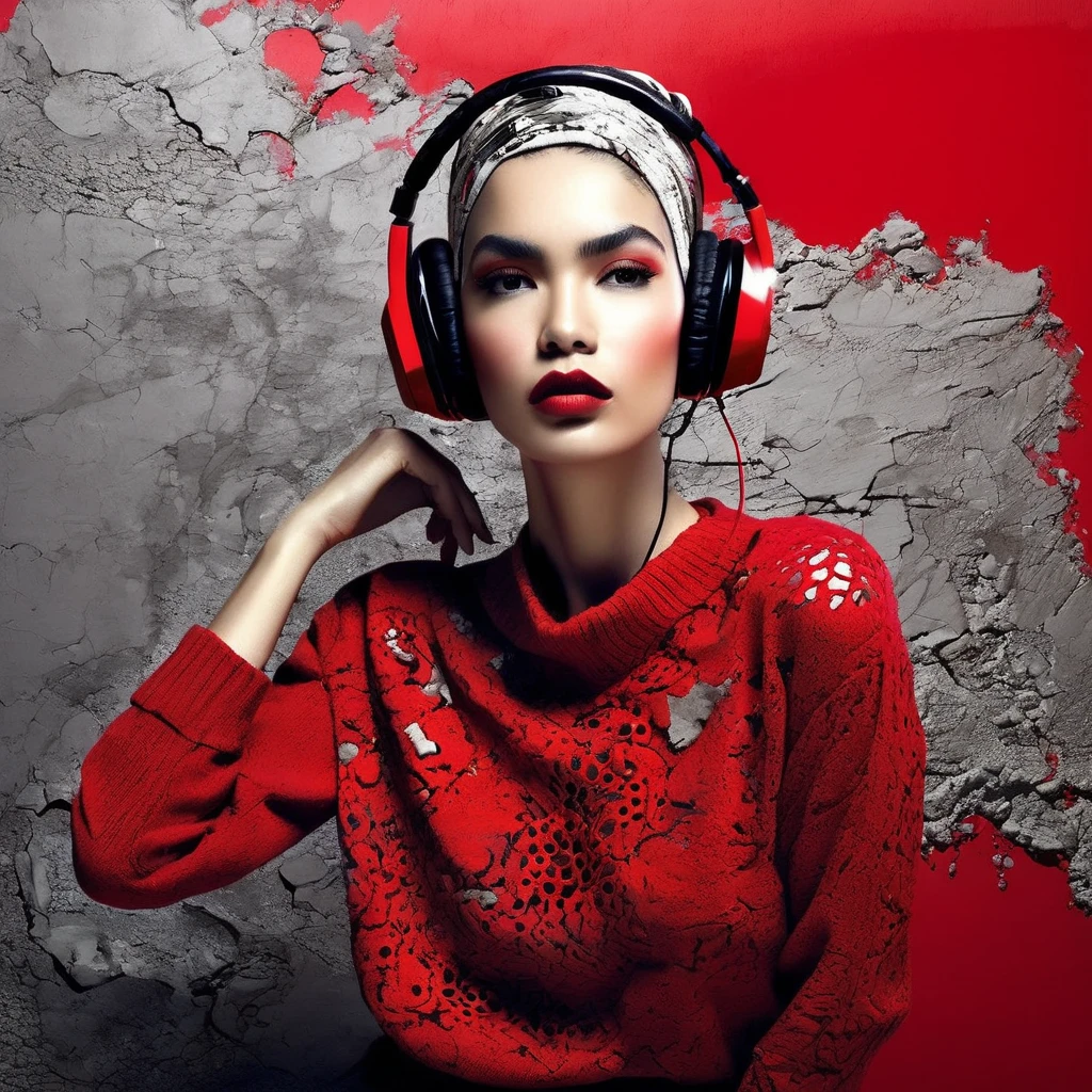 1、Old plaster, (Art by Joana Vasconcelos:1.4) ,Art by Valentine Penrose, photograph, Zoom out from stressed woman, Wearing an ingenious Islamic concrete sweater, Fashion Modeling Pose, semilong hairstyle, Glossy headphones, Sketched, Shameless, Lunapunk, flat lighting, Red theme background