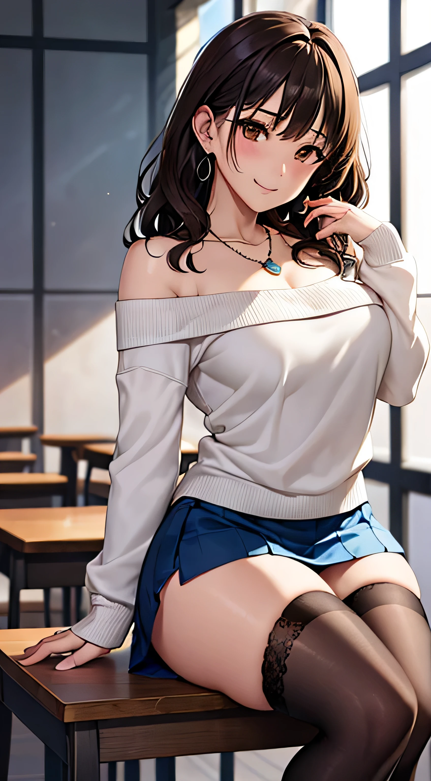 (table top, highest quality, High resolution, , perfect pixel, 4k,), 1 girl, single, alone, Beautiful woman、I could see the whole body、 ((Wavy mid-hair, bangs, brown hair)), ((brown eyes, beautiful eyelashes, realistic eyes)), ((detailed face, blush:1.2)), ((smooth texture:0.75, realistic texture:0.65, realistic:1.1, Anime CG style)), soft chest, dynamic angle, perfect body, ((, female teacher, , earrings、necklace、off shoulder sweater、Dark blue flared skirt、black knee high stockings、open both legs wide、、shy smile)), Upper 、、、evening、sit at desk、Massage your chest with both hands、close your chest with both hands、You can see the light blue lace panties)、angle from below)、