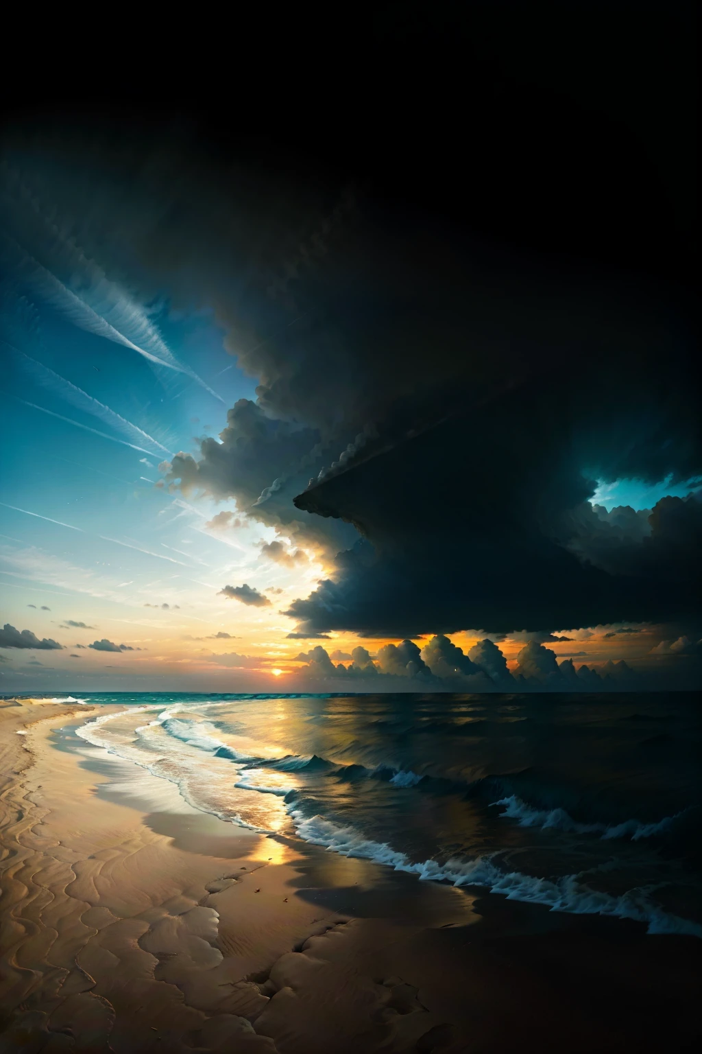 Picture a melancholic scene on a deserted beach, where the sun is setting, casting long shadows on the sand. The color palette is muted and subdued, with hues of gray and blue dominating the image. The sand is textured and grainy, with each grain reflecting the fading light. The sky above is filled with thick, heavy clouds, obscuring the sun and casting an eerie glow over the landscape.
Imagine a large glass bottle half-buried in the sand, its contents swirling with a deep, sadness-inducing emerald hue. The bottle is filled with tiny, shimmering sand particles, each one reflecting a single, softly gl