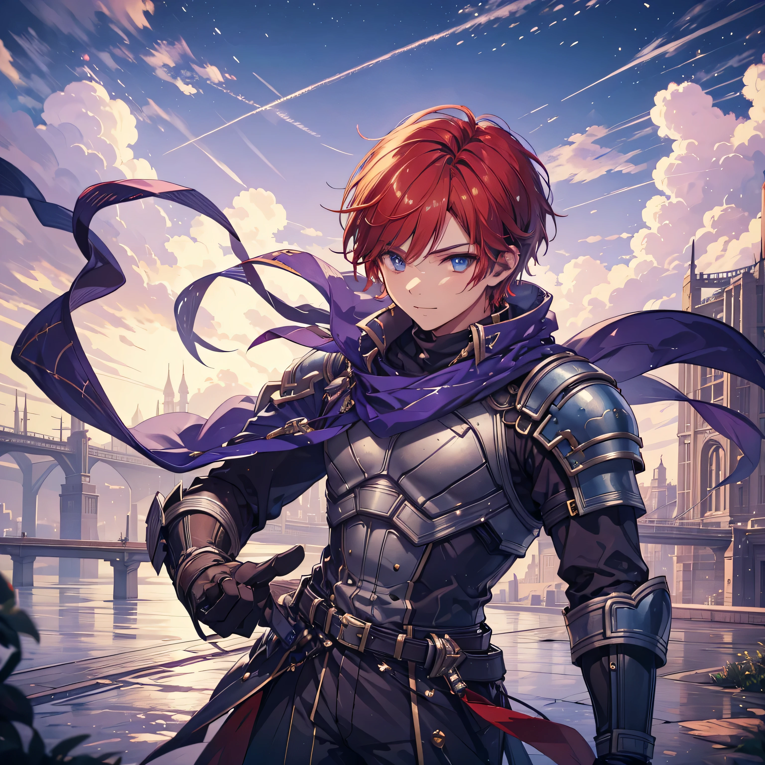 (highest quality), (shape), (maleの子1名), Falling glass shards, A look of regret even though he is determined, red black contrast background, {{{{{Illustration of one male}}}}}, masterpiece, highest quality, High resolution, masterpiece, highest quality, fantasy novel cover, Reincarnation in another world, 赤い髪のmale, handsome and good looking, Wear loungewear, Pampered eyes, and laugh, Blue Armor, fingerless gloves, blue eyes, highly detailed background, flat chest, pectoralis major,broad shoulders, big arm muscles,maleの手,male&#39;face,male;eyebrow, maleの目, sharp nose ,long nose, High definition RAW color art, animation,sculpture, silver marble skin, (((very detailed and elegant))), magical atmosphere, (fine skin, texture (intricately detailed, small details, Super detailed), pastel colour, written boundary depth, Bokeh, silky touch, bright eyes, (purple sky, Dynamic Cloud), hyper detail, The ground is reflecting, above the water surface, With sword sheath