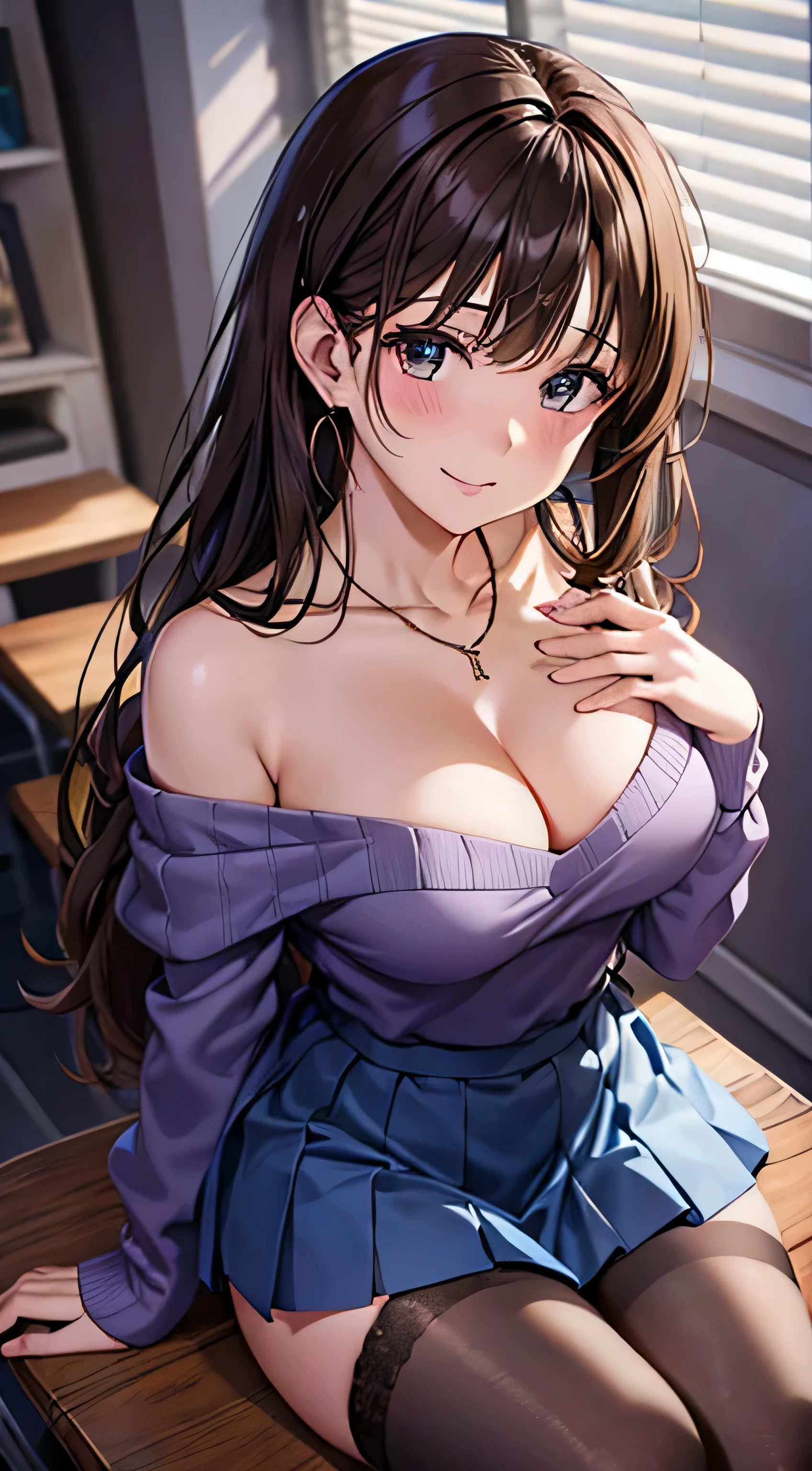 (table top, highest quality, High resolution, , perfect pixel, 4k,), 1 girl, single, alone, Beautiful woman、I could see the whole body、 ((Wavy mid-hair, bangs, brown hair)), ((brown eyes, beautiful eyelashes, realistic eyes)), ((detailed face, blush:1.2)), ((smooth texture:0.75, realistic texture:0.65, realistic:1.1, Anime CG style)), soft chest, dynamic angle, perfect body, ((, female teacher, , earrings、necklace、off shoulder sweater、Dark blue flared skirt、black knee high stockings、open both legs wide、、shy smile)), Upper grade、、、evening、sit at desk、Massage your chest with both hands、close your chest with both hands、You can see the light blue lace panties)、angle from below)、