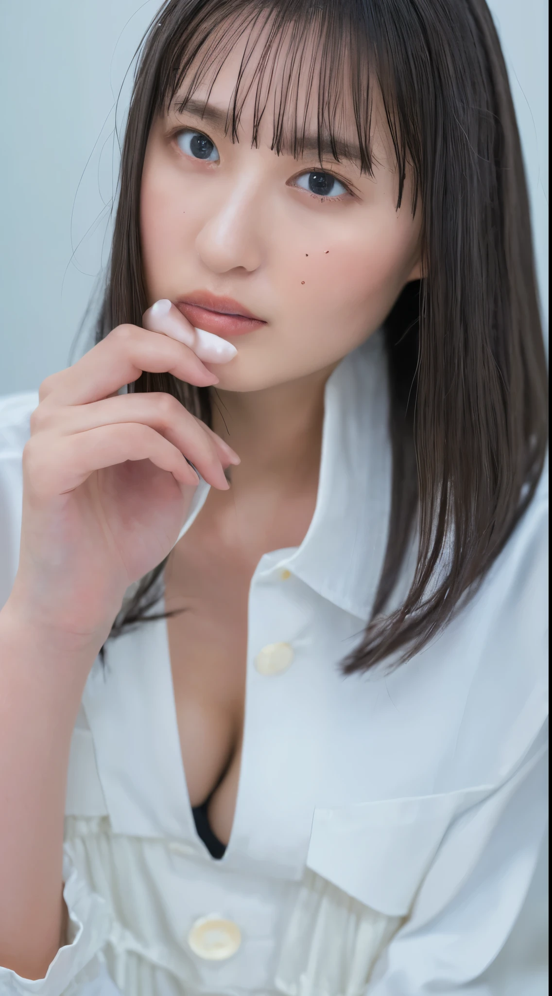 ((highest quality, 8k, masterpiece: 1.3)), sharp: 1.2, perfect body beauty: 1.4, slim abs: 1.2, ((layered hairstyles, big breasts: 1.2)), (濡れた White Button Long Shirt: 1.1), (nude: 1.2), close up face: 1.5, Highly detailed face and skin texture, fine eyes, double eyelid, side view looking at camera