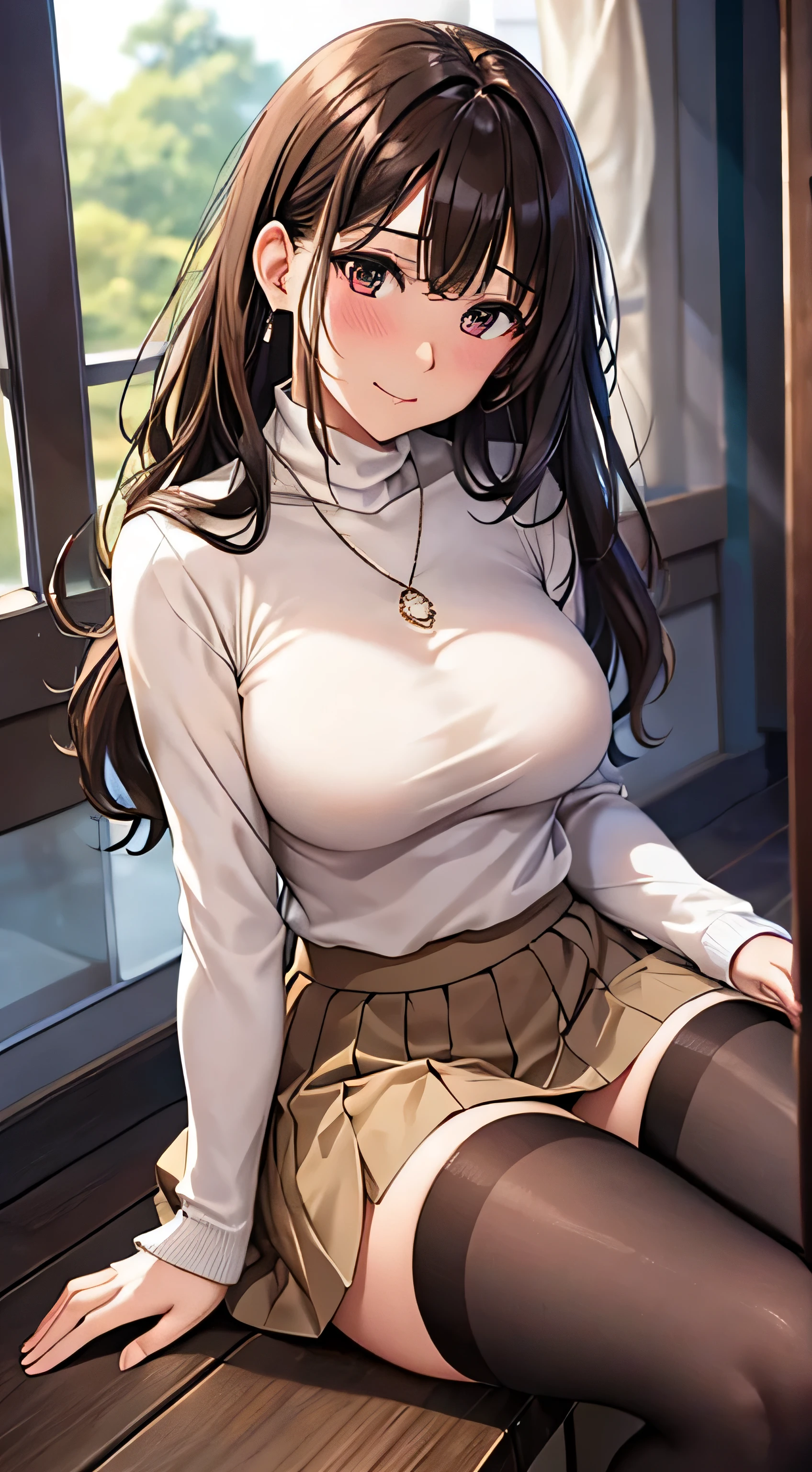 (table top, highest quality, High resolution, , perfect pixel, 4k,), 1 girl, single, alone, Beautiful woman、I could see the whole body、 ((Wavy mid-hair, bangs, brown hair)), ((brown eyes, beautiful eyelashes, realistic eyes)), ((detailed face, blush:1.2)), ((smooth texture:0.75, realistic texture:0.65, realistic:1.1, Anime CG style)), medium breasts, dynamic angle, perfect body, ((, female teacher, , earrings、necklace、turtleneck sweater、beige flared skirt、black knee high stockings、open both legs wide、、shy smile、Sit on the floor、leaning forward)), 、、、evening、、(pink lace panties are visible、、(Bring your chest and arms together、Lift up your skirt and show your panties、The wind blows up my skirt)、angle from below)、