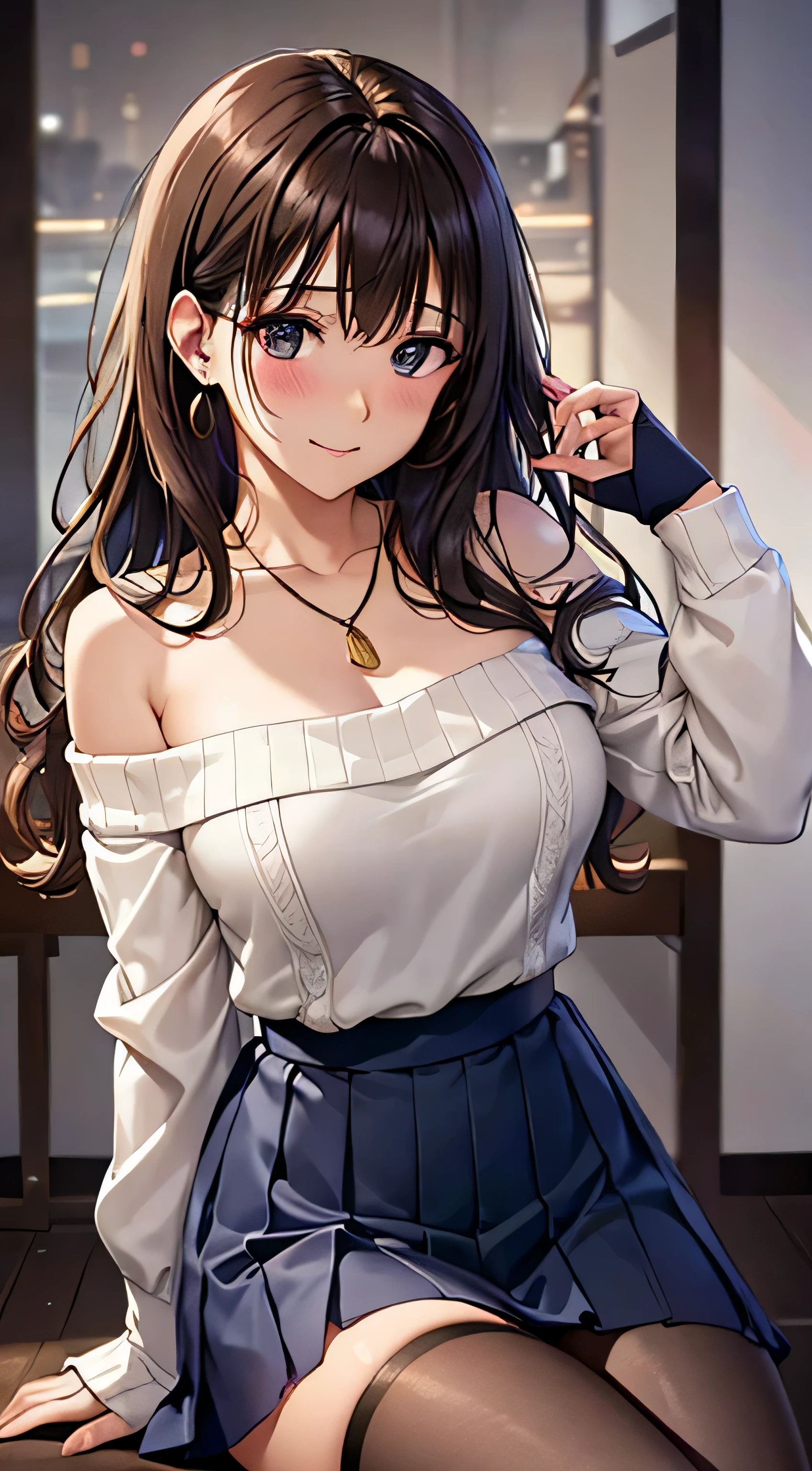(table top, highest quality, High resolution, , perfect pixel, 4k,), 1 girl, single, alone, Beautiful woman、I could see the whole body、 ((Wavy mid-hair, bangs, brown hair)), ((brown eyes, beautiful eyelashes, realistic eyes)), ((detailed face, blush:1.2)), ((smooth texture:0.75, realistic texture:0.65, realistic:1.1, Anime CG style)), soft chest, dynamic angle, perfect body, ((, female teacher, , earrings、necklace、off shoulder sweater、Dark blue flared skirt、black knee high stockings、open both legs wide、、shy smile)), Upper grade、、、evening、sit at desk、Massage your chest with both hands、close your chest with both hands、You can see the light blue lace panties)、angle from below)、