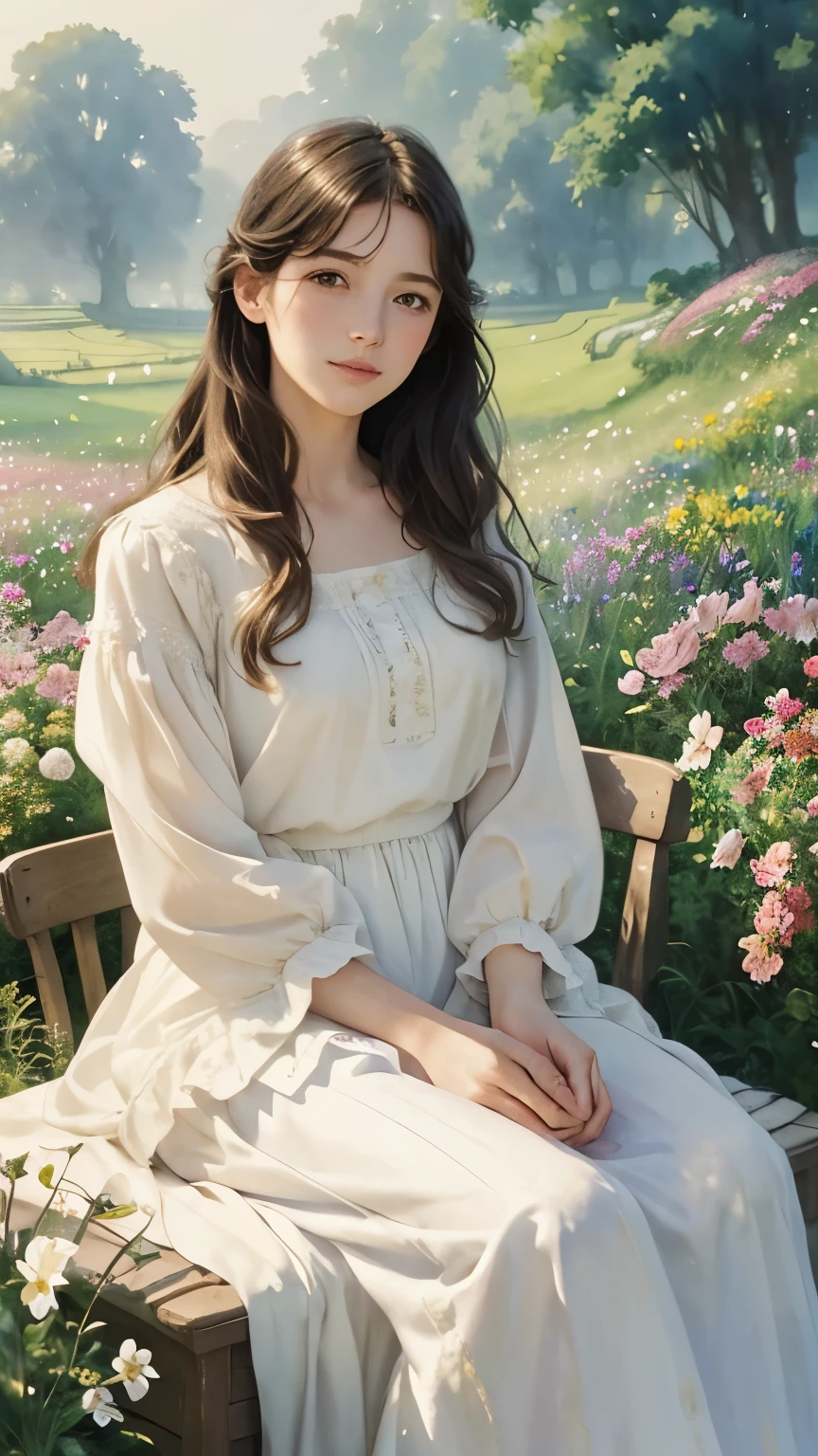 (Sargent style watercolor)、(highest quality、masterpiece)、soft light、(Countryside painted on a foggy morning)、view of the cotswolds,old farmhouse、stream、flower garden、one woman、White blouse and long skirt、picnic、(Surrounded by blooming flowers and lush greenery), (Warm light and gentle sunshine), (A subtle breeze gently rustles her hair), soft pastel colors, dreamy atmosphere, (charming).