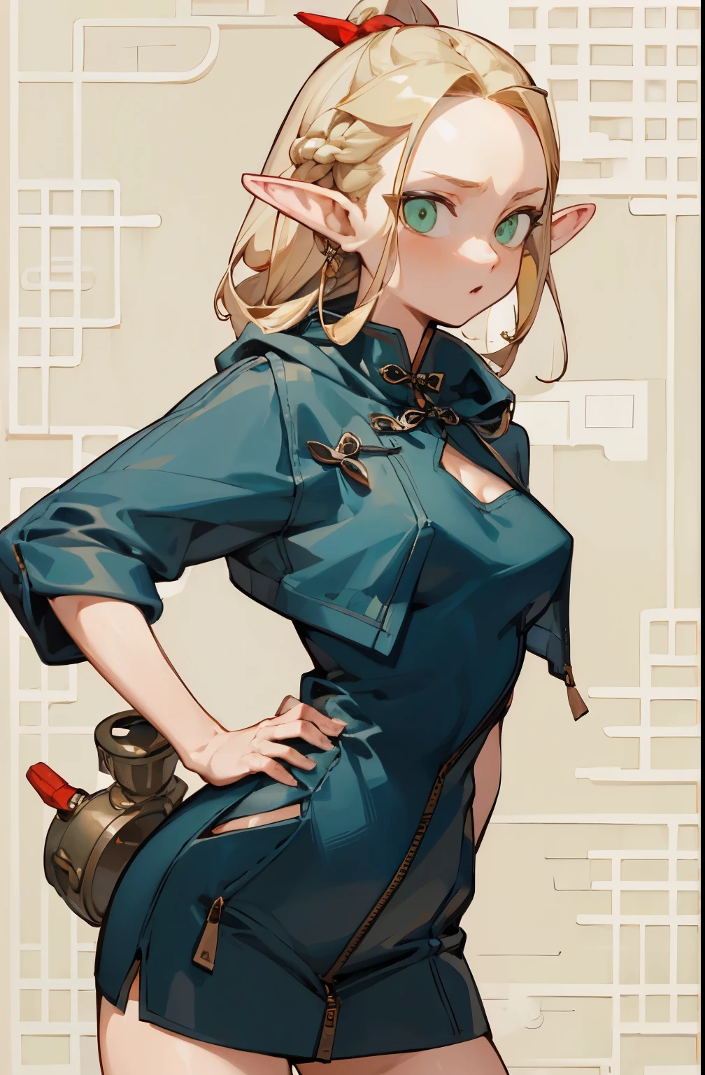 (masterpiece, best quality) detailed, silver accessories , zipper unzipped , blonde ,elegant, pointed ears ，Chinese style，Semi-mechanical body，whole body