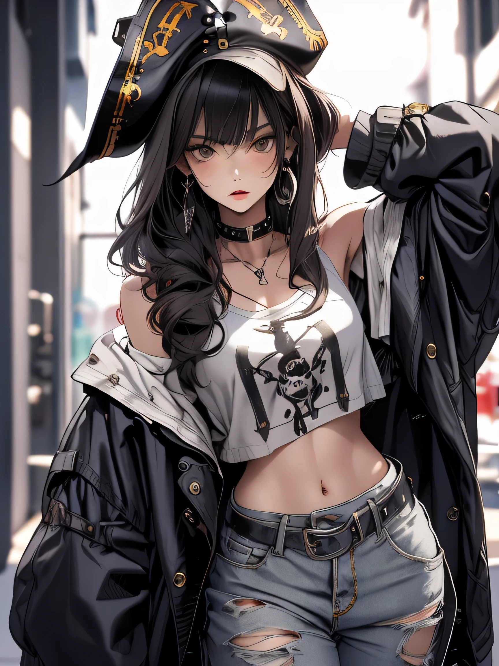 masterpiece, highest quality, pixiv, cool girl, the strongest pirate girl, stylish pirate hat, skull fashion, dark brown hair, curly hair, dull bangs, straight bangs, gray eyes, white skin, gal, Improve