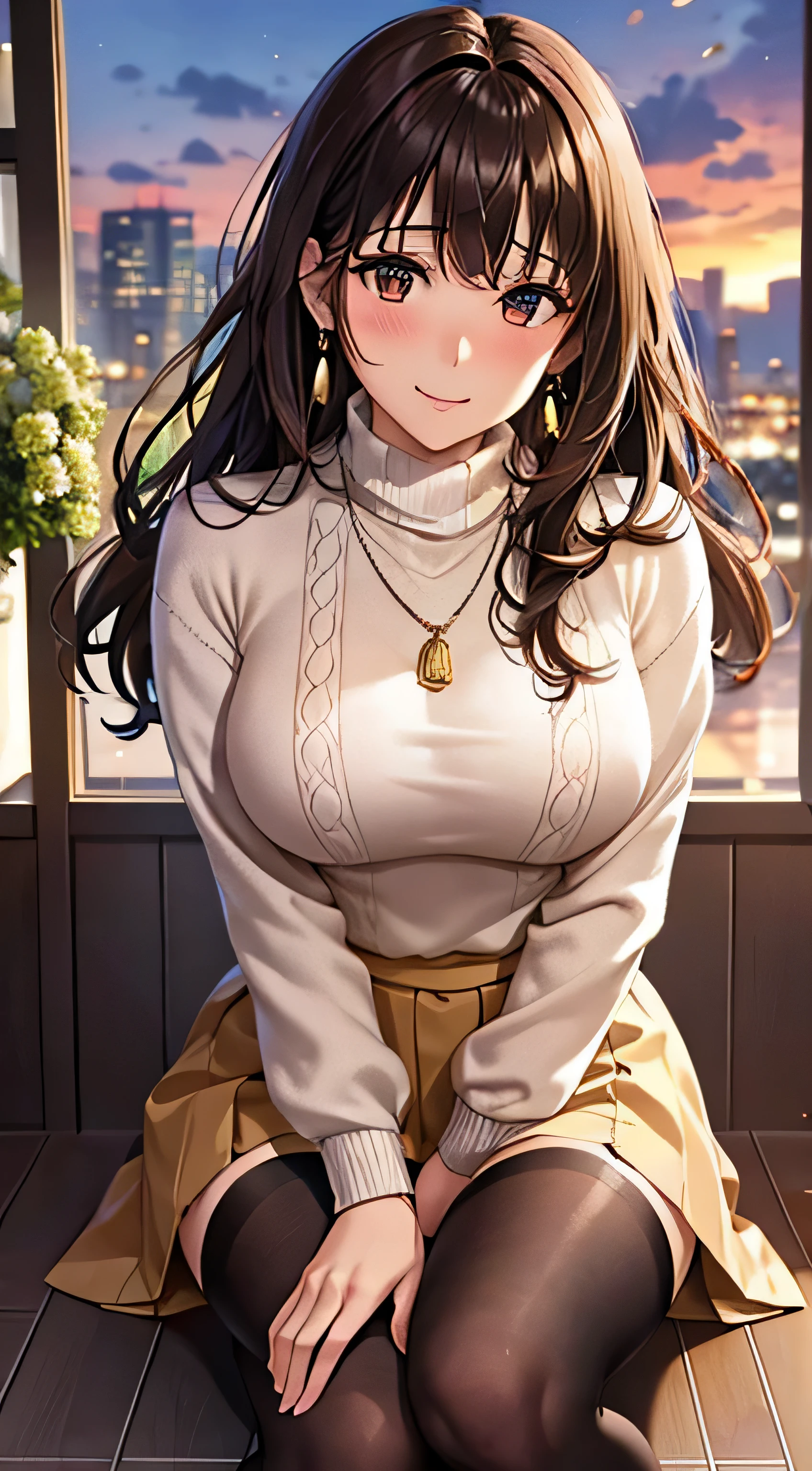 (table top, highest quality, High resolution, , perfect pixel, 4k,), 1 girl, single, alone, Beautiful woman、I could see the whole body、 ((Wavy mid-hair, bangs, brown hair)), ((brown eyes, beautiful eyelashes, realistic eyes)), ((detailed face, blush:1.2)), ((smooth texture:0.75, realistic texture:0.65, realistic:1.1, Anime CG style)), medium breasts, dynamic angle, perfect body, ((, female teacher, , earrings、necklace、turtleneck sweater、beige flared skirt、black knee high stockings、open both legs wide、、shy smile、Sit on the floor、leaning forward)), Upper grade、、、evening、、(pink lace panties are visible、、(Bring your chest and arms together、Lift up your skirt and show your panties、The wind blows up my skirt)、angle from below)、