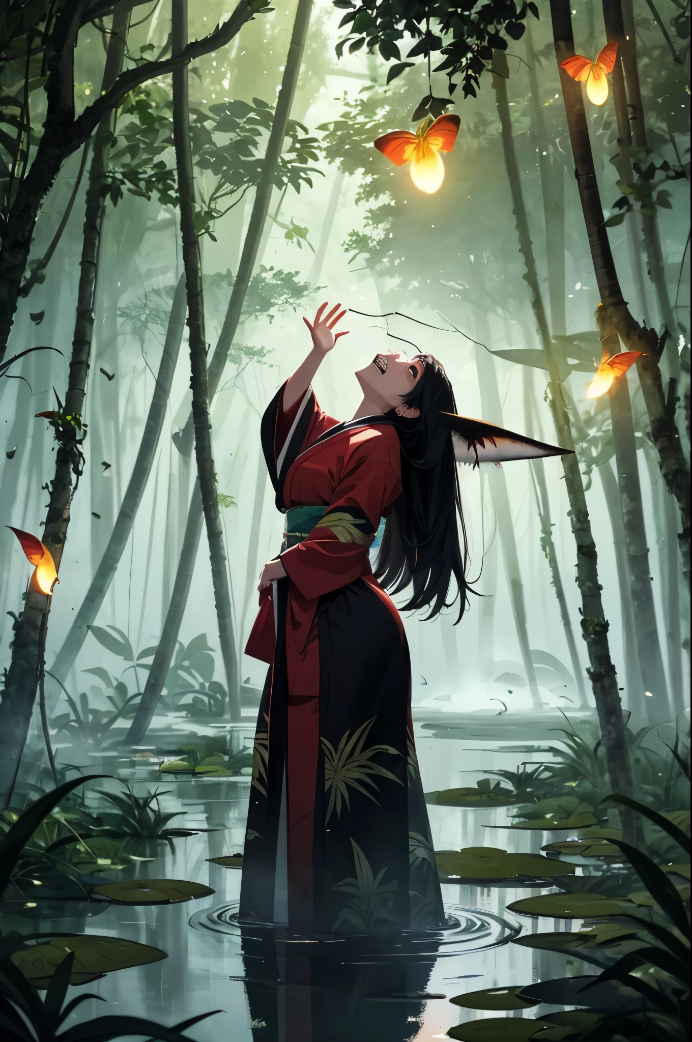 (masterpiece, best_quality, ultra-detailed, immaculate:1.3), portrait, (full body), detailed face, detailed hands, ((1girl:1.35)), ((solo:1.5)), epic, kitsune, ((9 tail fox)), foxgirl, japanese spirit, ((sexy red kimono)), ((horny action pose)), ((happiness face expression)), ((grin, sharp teeth)), ((Raising her head)), ((exhaling breathing steam, breathing, howling)), curvy body, flair black hair, нellow fox glowing eyes, ((shadows, fog, mist, swamp, fireflies, jungle, rainforest background))