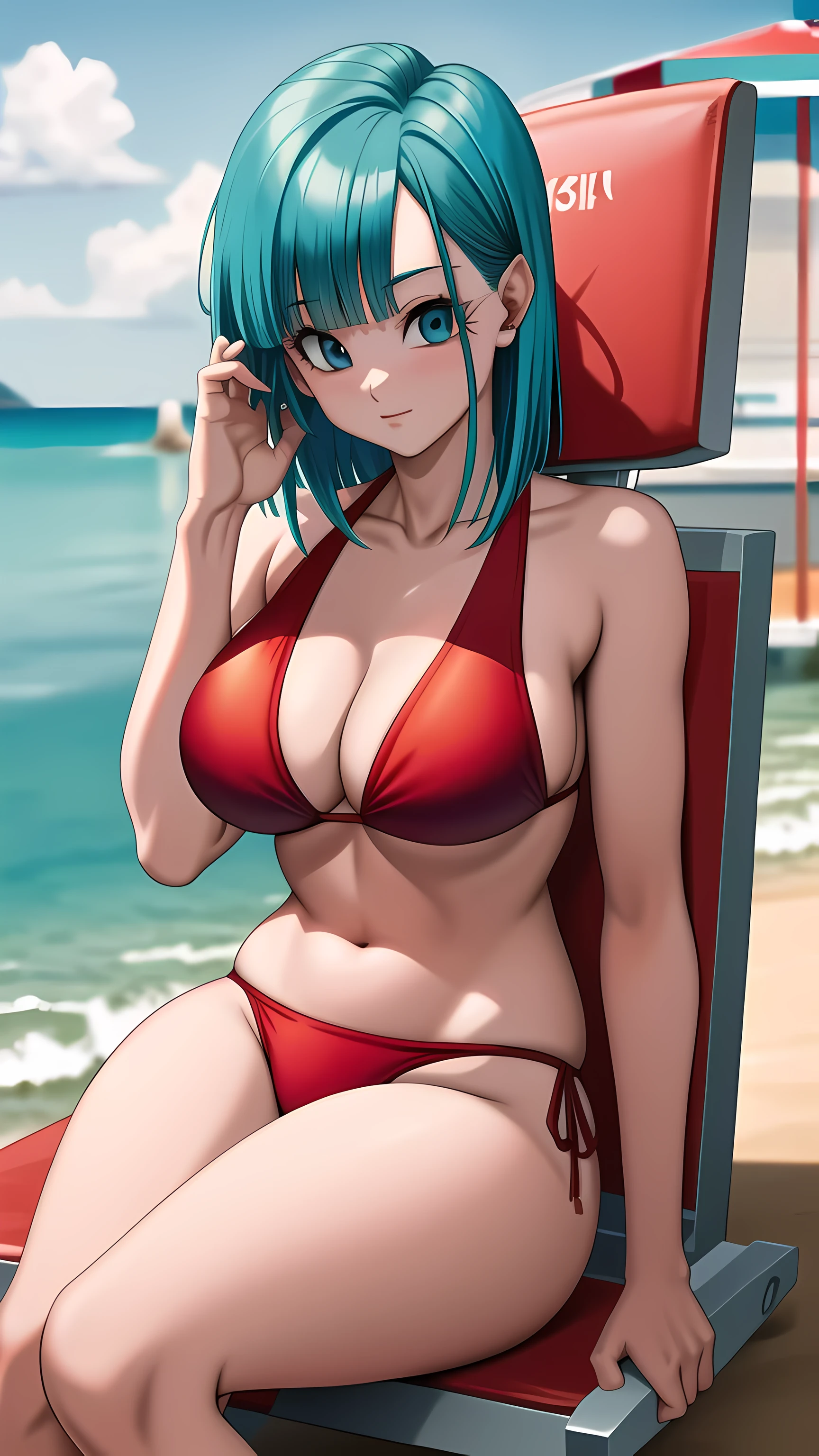masterpiece, (red bikini), best quality, highres, dragon ball, blmmid, aqua hair, medium hair, blunt bangs, red hair band, huge breasts, at the beach, sitting in a beach chair, (looking at camera), (aqua hair)