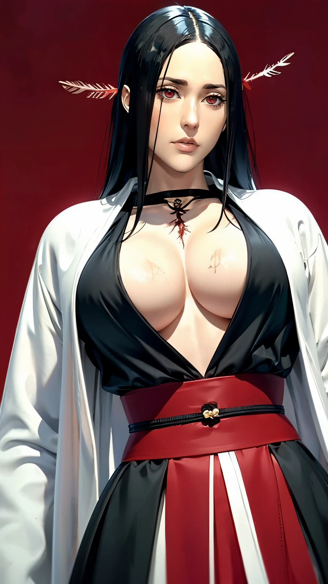 （（（完美figure，figure，black Japanese clothing,feather woven, （（（bleach，（（（Scars on the chest）））, red eyes,unohana））），S型figure:1.7））），((masterpiece)),high resolution, ((Best quality at best))，masterpiece，quality，Best quality，（（（ Exquisite facial features，looking at the audience,There is light in the eyes，Happy，lol））），（（（Interlacing of light and shadow，huge ））），（（（looking into camera，fighting stance，red background，Blood，from below，look up）））