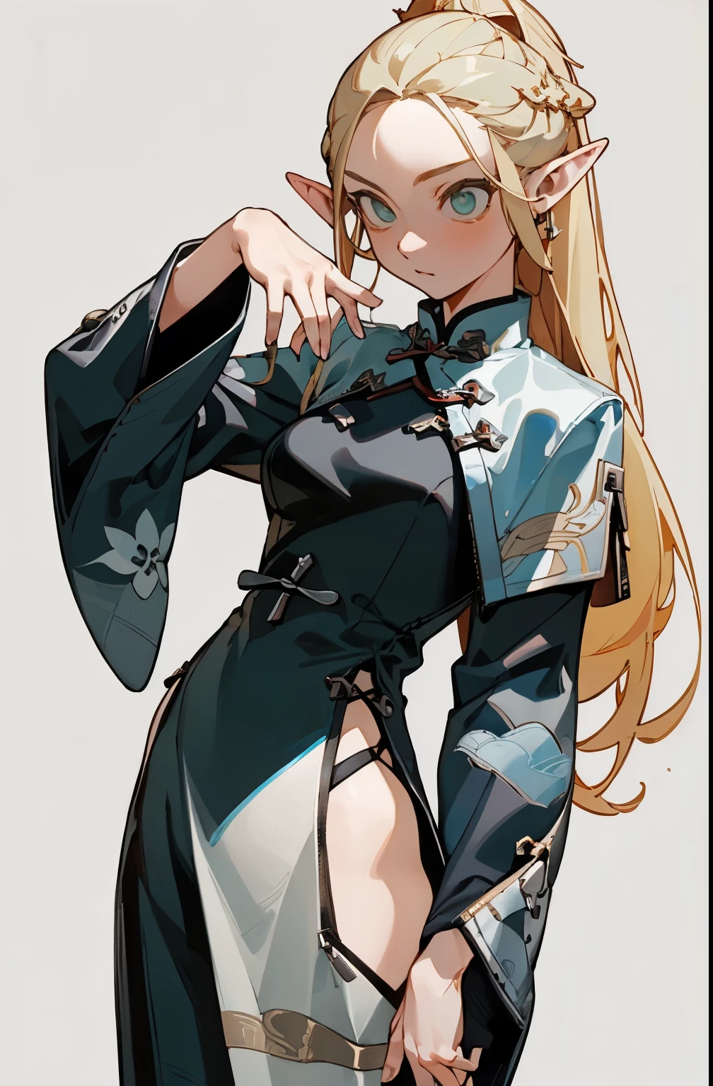 (masterpiece, best quality) detailed, silver accessories , zipper unzipped , blonde ,elegant, pointed ears ,Chinese style,cheongsam,whole body,ink painting,Cross