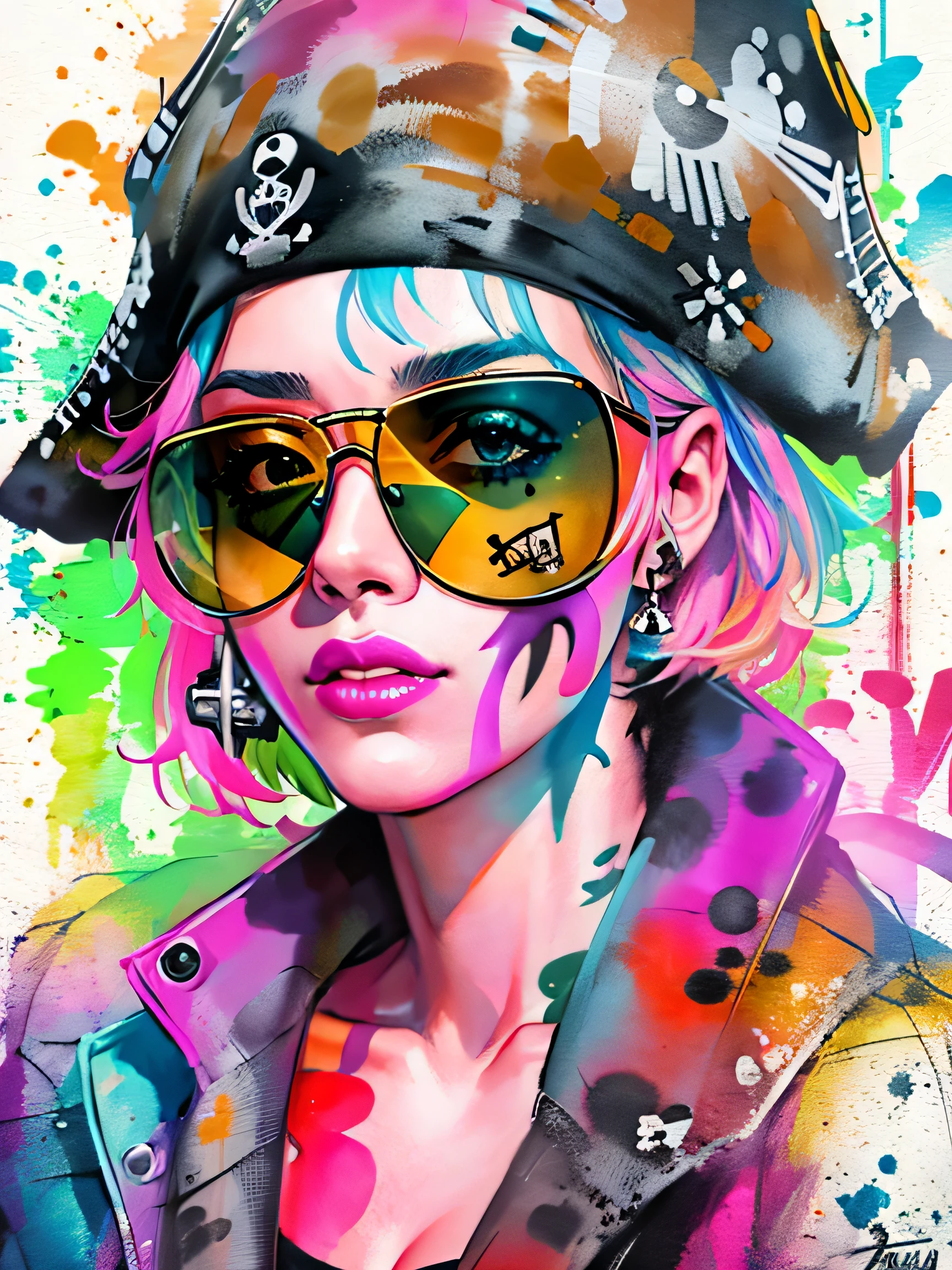 watercolor painting, 8K resolution、((highest quality))、((masterpiece))、((Super detailed))、1 female、alone、incredibly absurd、 (((The most beautiful pirate girl of all time))), (((Stylish sunglasses))), lips in love, white skin, pirate hat, skull fashion, neon、short cut hair、small breasts, (((graffiti art))), colorful hair, provocative