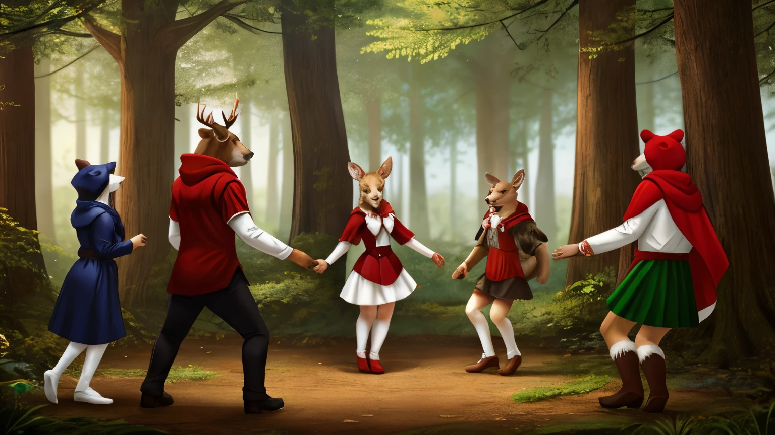 5 character dancing in the forest, red riding hood, anthro white rabbit, anthro wolf, anthro bear, anthro deer