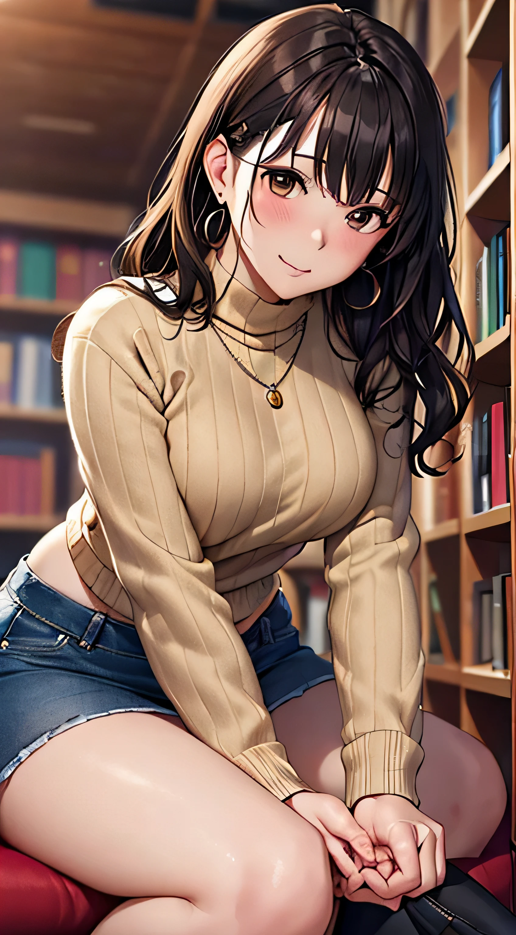 (table top, highest quality, High resolution, , perfect pixel, 4k,), 1 girl, single, alone, Beautiful woman、I could see the whole body、 ((Wavy mid-hair, bangs, brown hair)), ((brown eyes, beautiful eyelashes, realistic eyes)), ((detailed face, blush:1.2)), ((smooth texture:0.75, realistic texture:0.65, realistic:1.1, Anime CG style)), ((soft chest)), dynamic angle, perfect body, ((, beige turtleneck sweater、Tight Denim Mini Skirt、black stockings、cute necklace、Massage your chest with both hands over your earring clothes)), 、Upper grade、shy smile、In front of the bookshelves in the library、sit at desk、(angle from below、)