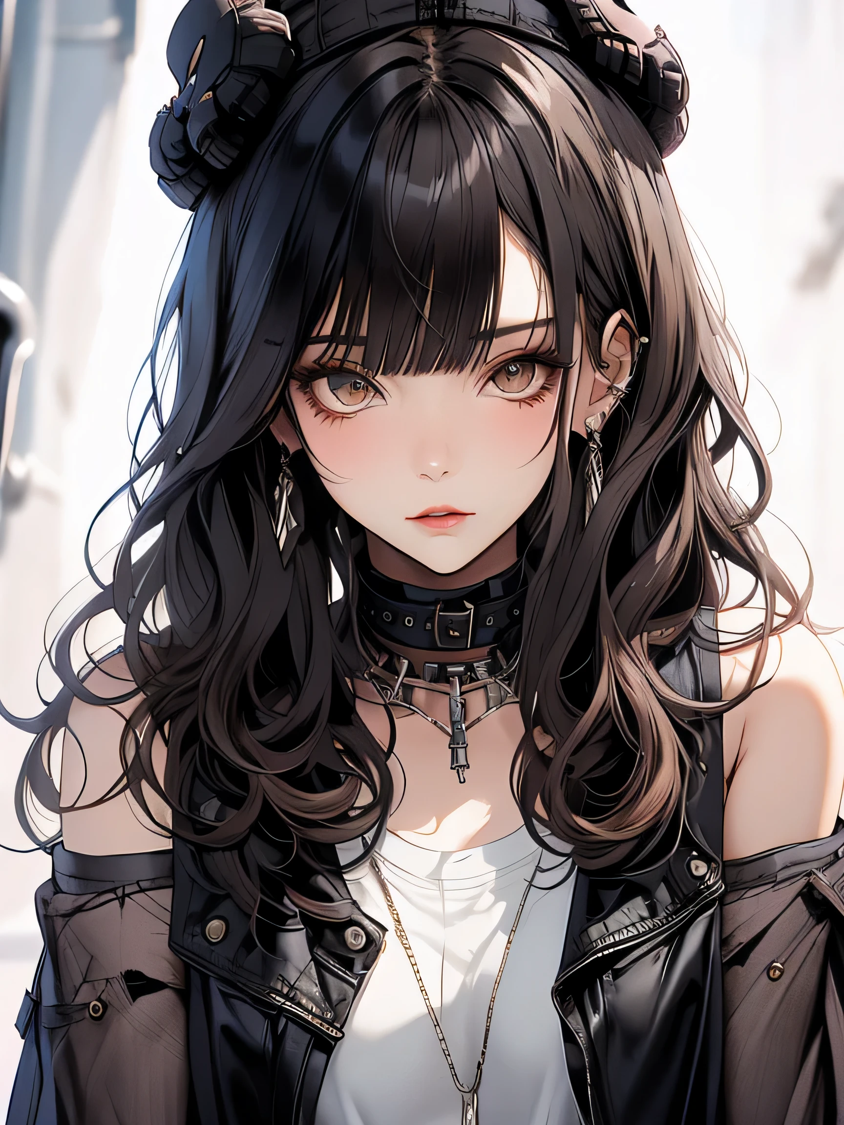 masterpiece, highest quality, pixiv, cool girl, The strongest beautiful girl, Fashionable hats, skull fashion, dark brown hair, curly hair, dull bangs, straight bangs, gray eyes, white skin, (((gal))), Improve