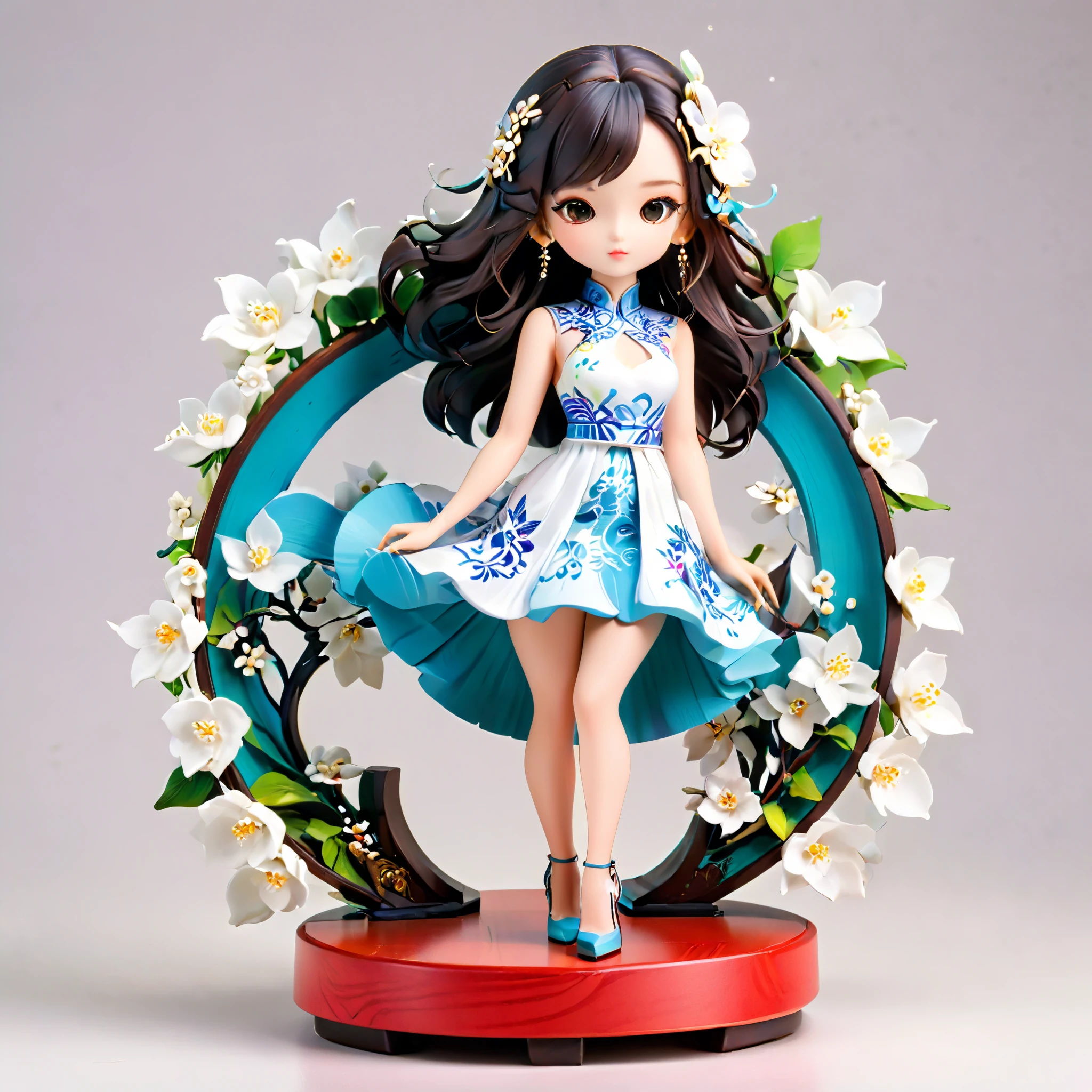 (Blind Box Spielzeug Stil:1.2),full body, solo,white background,(1 Beautiful girl Models ,Stand on a round wooden base,white Jasmine dress, high heels),(Oriental elements, Chinese color,Very colorful),3D