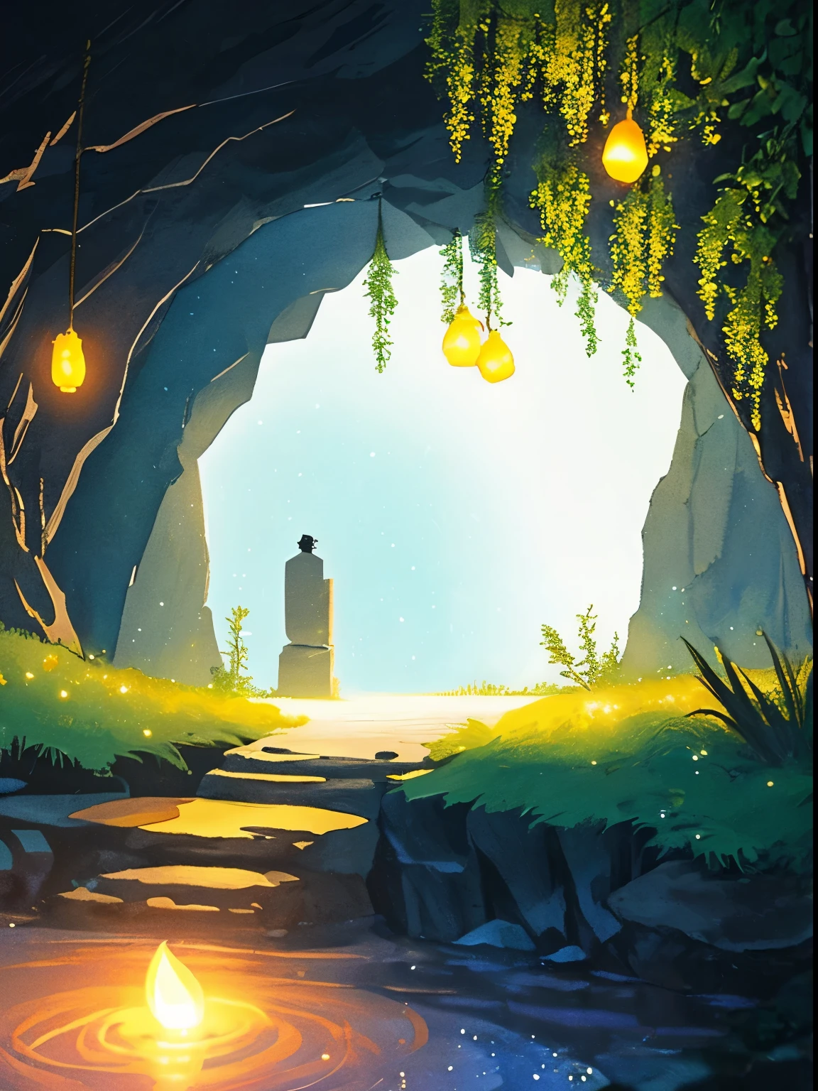 Crescent moon shining in the dark night sky seen from inside the cave, With the gentle light of fireflies. Scenes are depicted in a soft manner, Create a calm and dreamy atmosphere with pastel colors. The silhouette of a cave entrance frames the landscape., Enhance the depth and mysterious atmosphere of the moment. This image captures the delicate balance of light and darkness。, A fusion of the natural beauty of the moon and fireflies and the tranquility of a cave.」