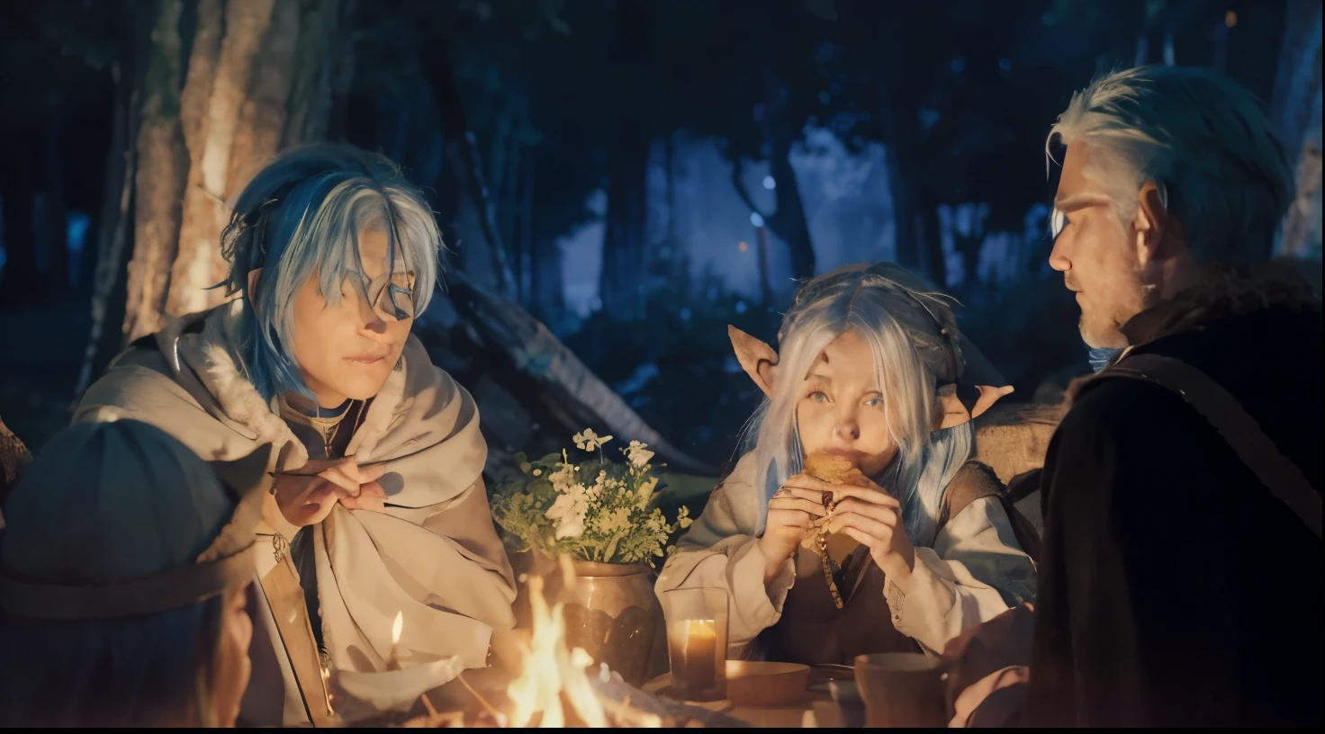 A blue haired handsome man, a green haired man facing left sideways, a white haired elf girl eating bread, and a dwarf wearing a viking helmet facing right sideways all seating beside a bonfire surrounded by trees at night.