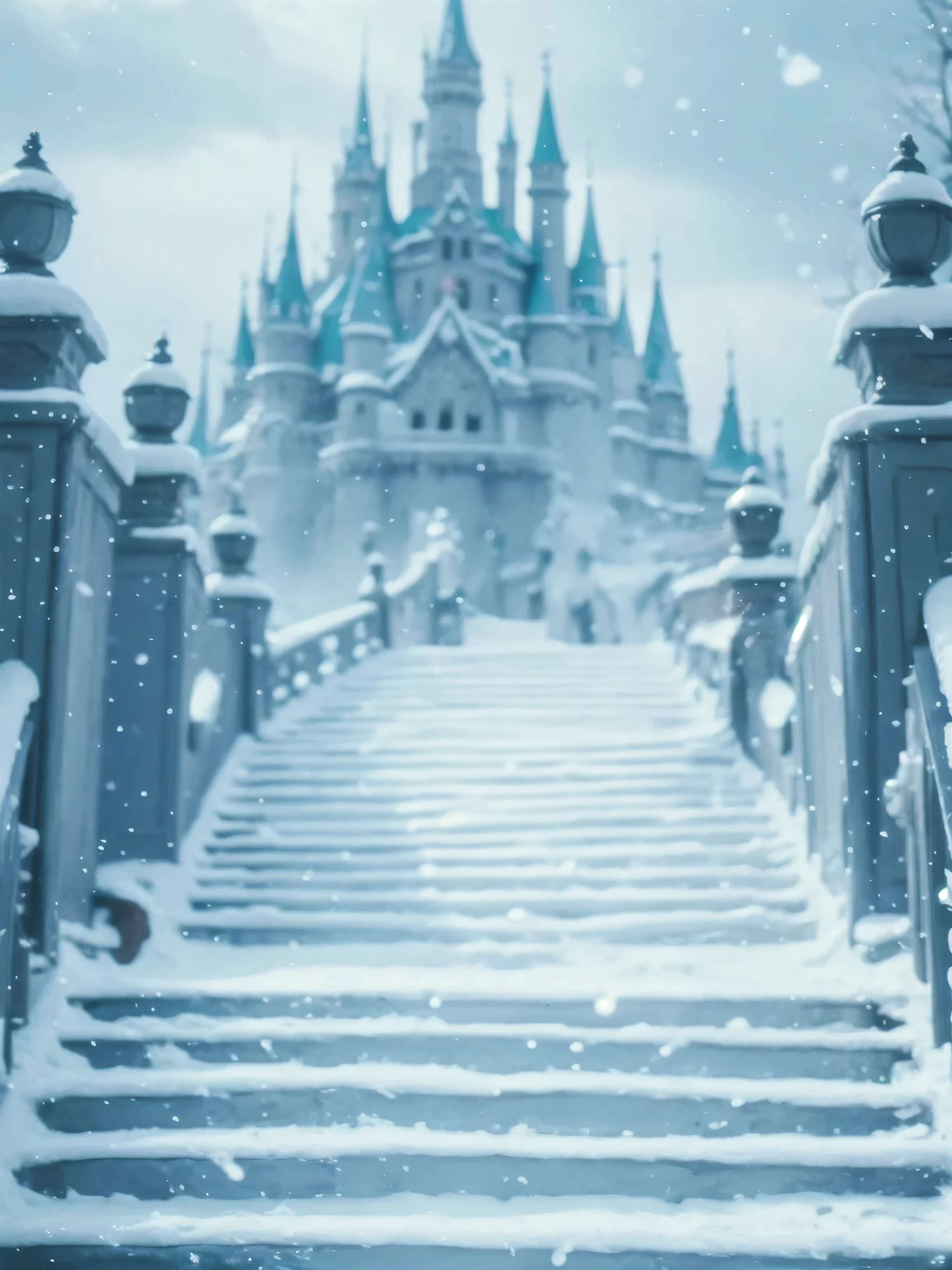 snowy stairs leading to a castle with a clock tower in the background, frozen ii movie still, background is disneyland castle, castle background, in style of disney animation, disneyland background, photorealistic disney, beautiful render of a fairytale, fairy tale style background, frozen, beautiful castle, disney 2d animation still, inspired by disney, disney!!, disney concept art, beautiful wallpaper