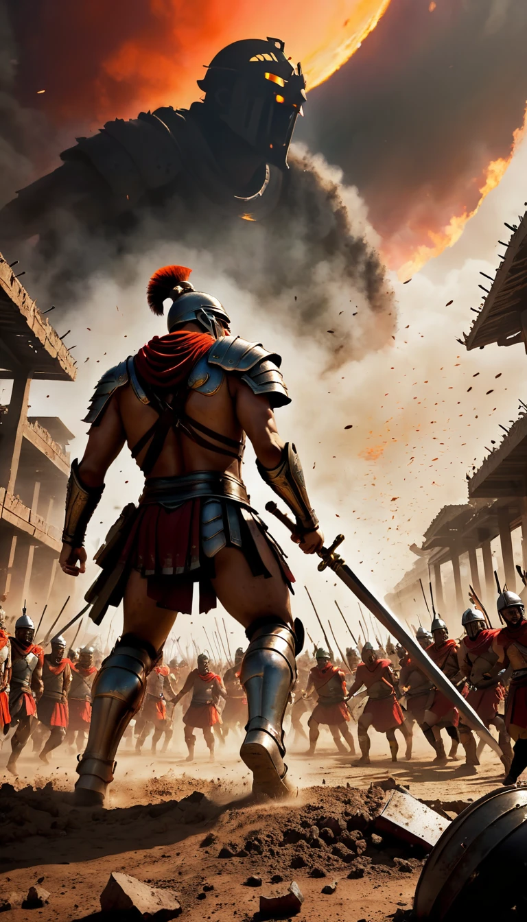 A cinematic moment from the film 300, depicting the final showdown between the Spartans and the Persian army. The sky is ablaze with an intense orange and red sunset, casting dramatic shadows. The ground is littered with fallen soldiers and weapons, while a fierce battle rages on. In the forefront, the heroic King Leonidas stands tall, wielding his shield and sword, ready to fight. The background reveals a massive column of dust and debris rising from the chaos of the clash. The atmosphere is intense and full of adrenaline.