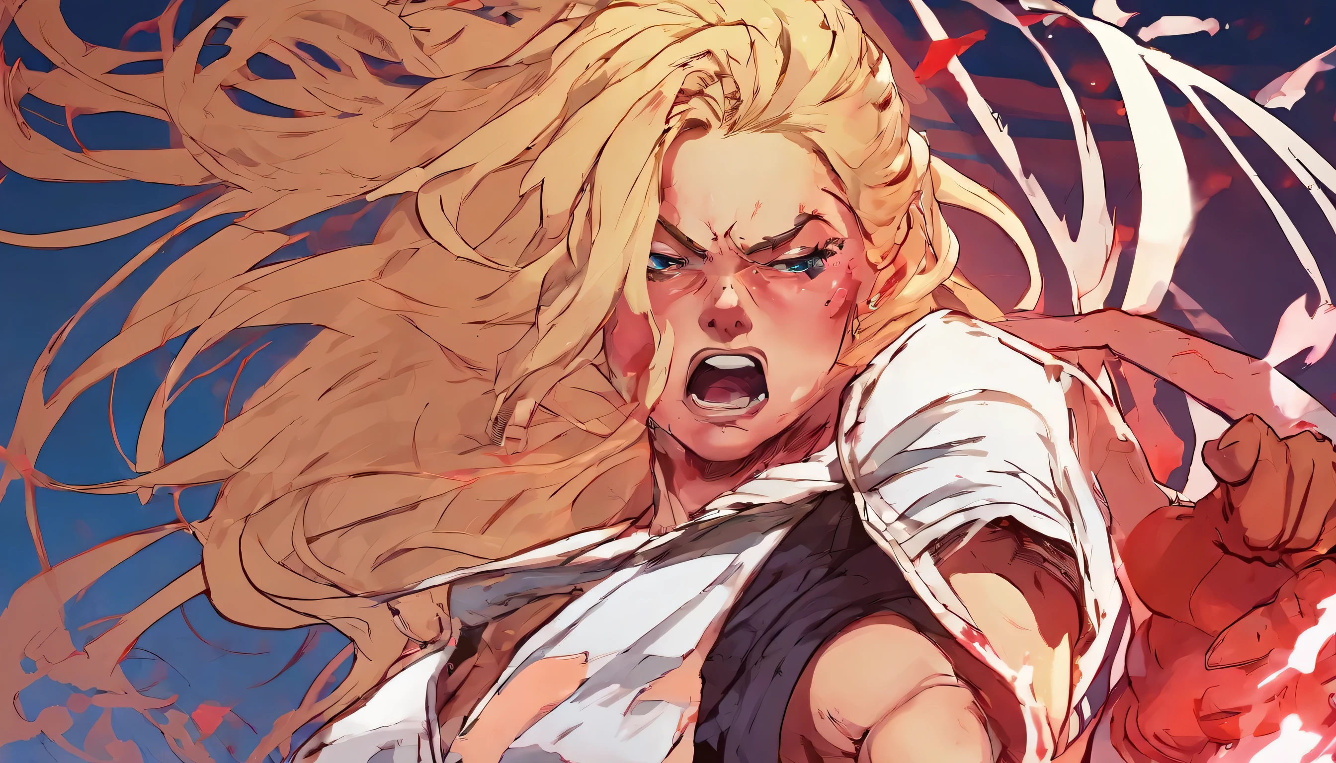 girl windy blonde hair, blushing, in ripped strips of torn bandage , with hands on face, giant chest, without clothes, red glowing eyes, squatting