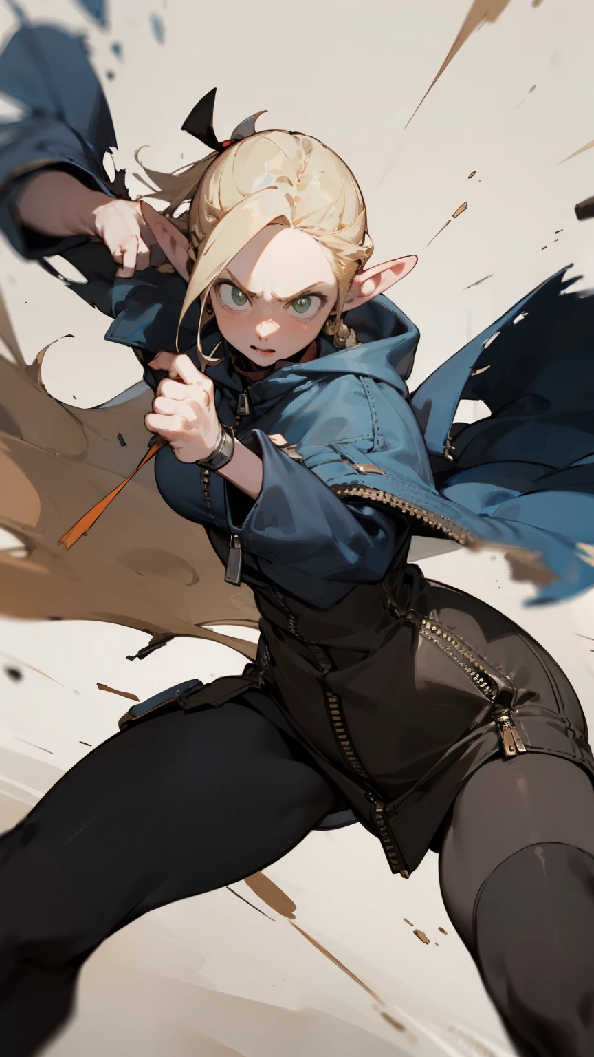 (masterpiece, best quality) detailed, Wearing black tights, silver accessories , zipper unzipped , blonde ,elegant, pointed ears，torn clothes，Pierced clothes，fighting stance