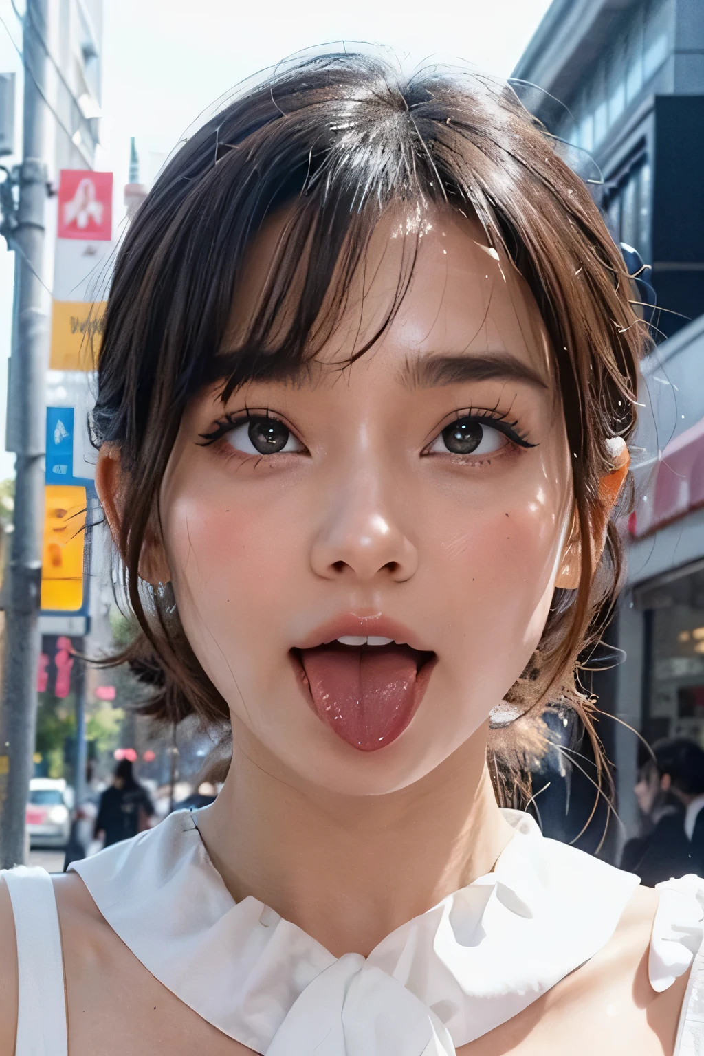 That person、1 girl,debris flies,,award winning photos, very detailed, focus the eyes clearly, nose and mouth,face focus, super close up of face、woman with open mouth and closed eyes,20-year-old,black hair、symmetrical face,realistic nostrils、angle from below、elongated C-shaped nostrils,sweaty and shiny skin、skin shining with sweatを強調する照明、((sharp nose))skin shining with sweat、shiny skin、sweaty hair、sun'Rays shine、((thin eyebrows))oily skin、glistening shining skin、double eyelid、wet and shiny tongue、Beautiful face woman with wet tongue full of foam、Beautiful woman、medium hair,roll your eyes、(short bob、mushroom cuts,)Harajuku street、casual fashion,Crew neck, stick out long tongue,