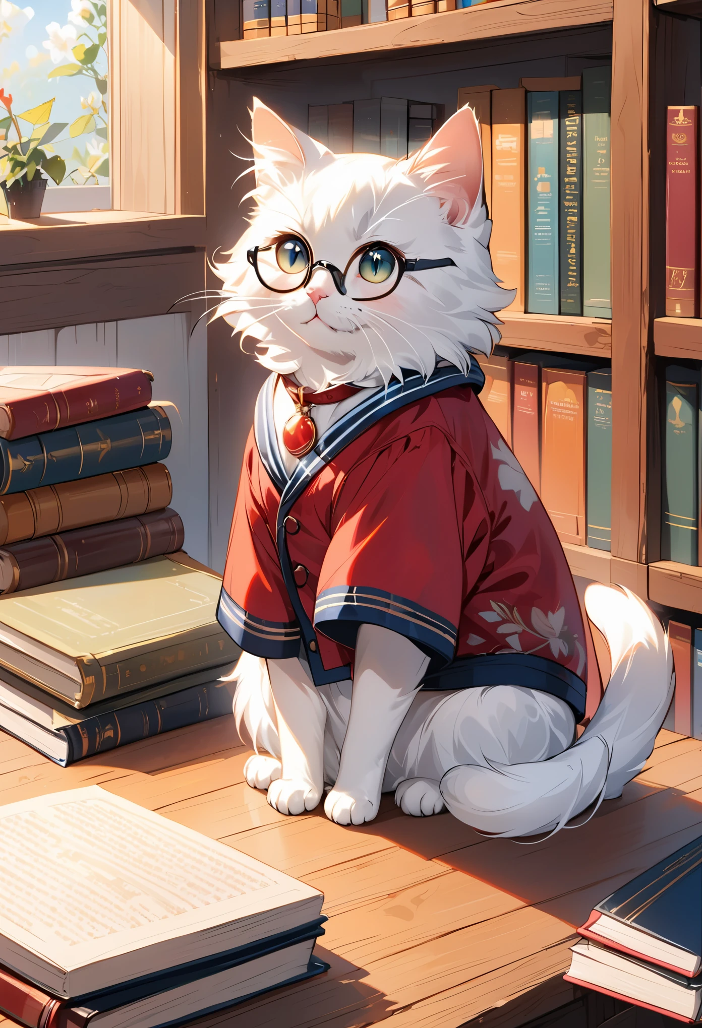 Imagine a cute and fun scene: A cat sitting in front of a bookshelf, Wearing glasses and retro jacket, Like an intellectual princess