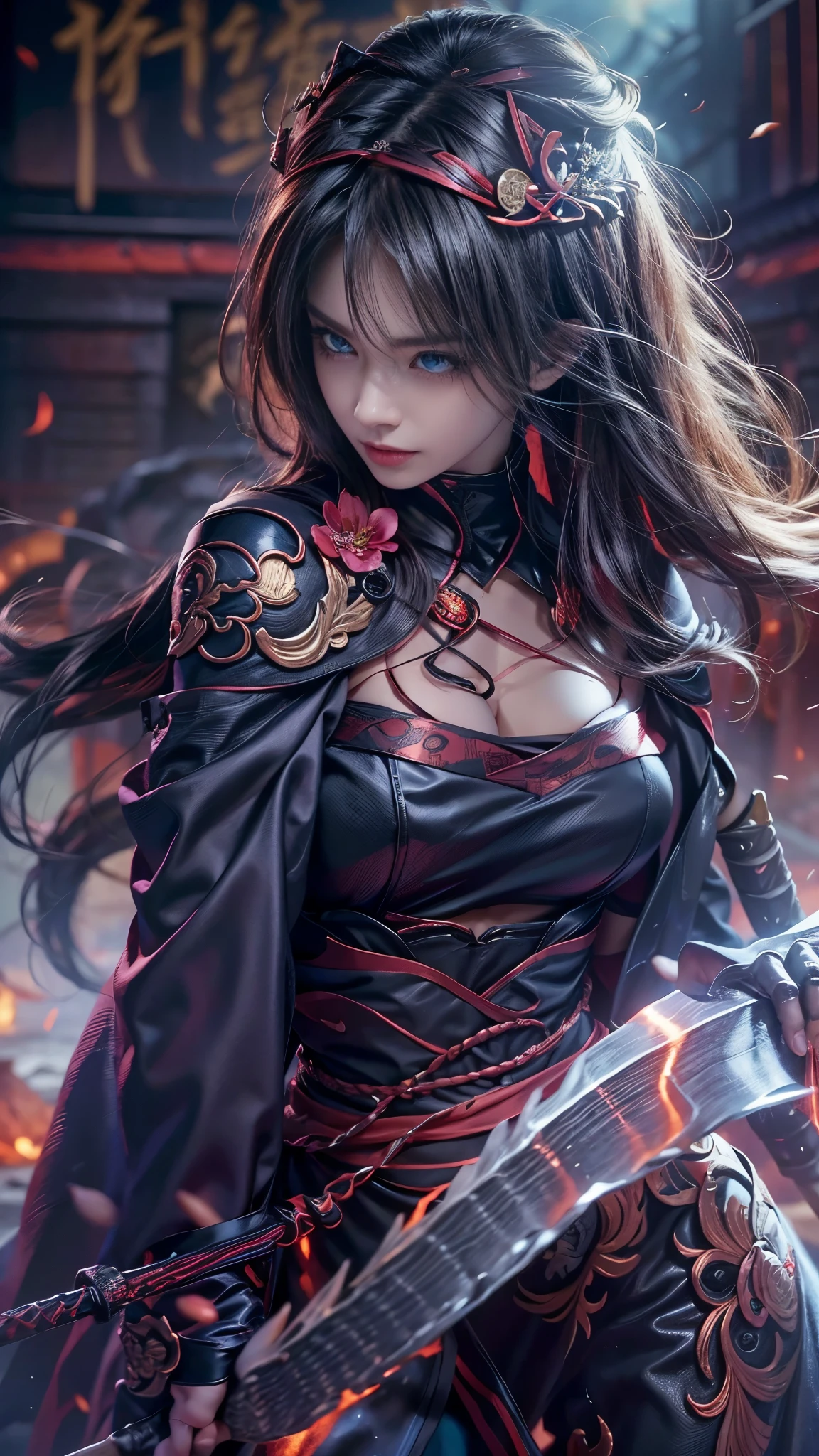 (RAW shooting, Photoreal:1.5, 8k, highest quality, masterpiece, ultra high resolution), perfect dynamic composition:1.2, midnight, Fight:1.3, Sengoku, fire事, いたるところで燃え上がる戦fire:1.3, Highly detailed skin and facial textures:1.2, Slim female ninja with a sharp dagger:1.3, beautiful and aesthetic:1.2, sexy beauty, perfect style, Revenge, belief, hatred, wear elaborate rings, fire, water, Wind, thunder, ice, Fair skin, very beautiful face, (Medium chest, Chest gap), (embarrassing smile, The expression on your face when you feel intense caress, Facial expression when feeling pleasure), (Wearing a sexy ninja costume:1.2, off shoulder:1.1), (beautiful blue eyes, Eyes that feel beautiful eros:0.8), (Too erotic:0.9, Bewitching:0.9), full body shot, perfect limbs, perfect fingers