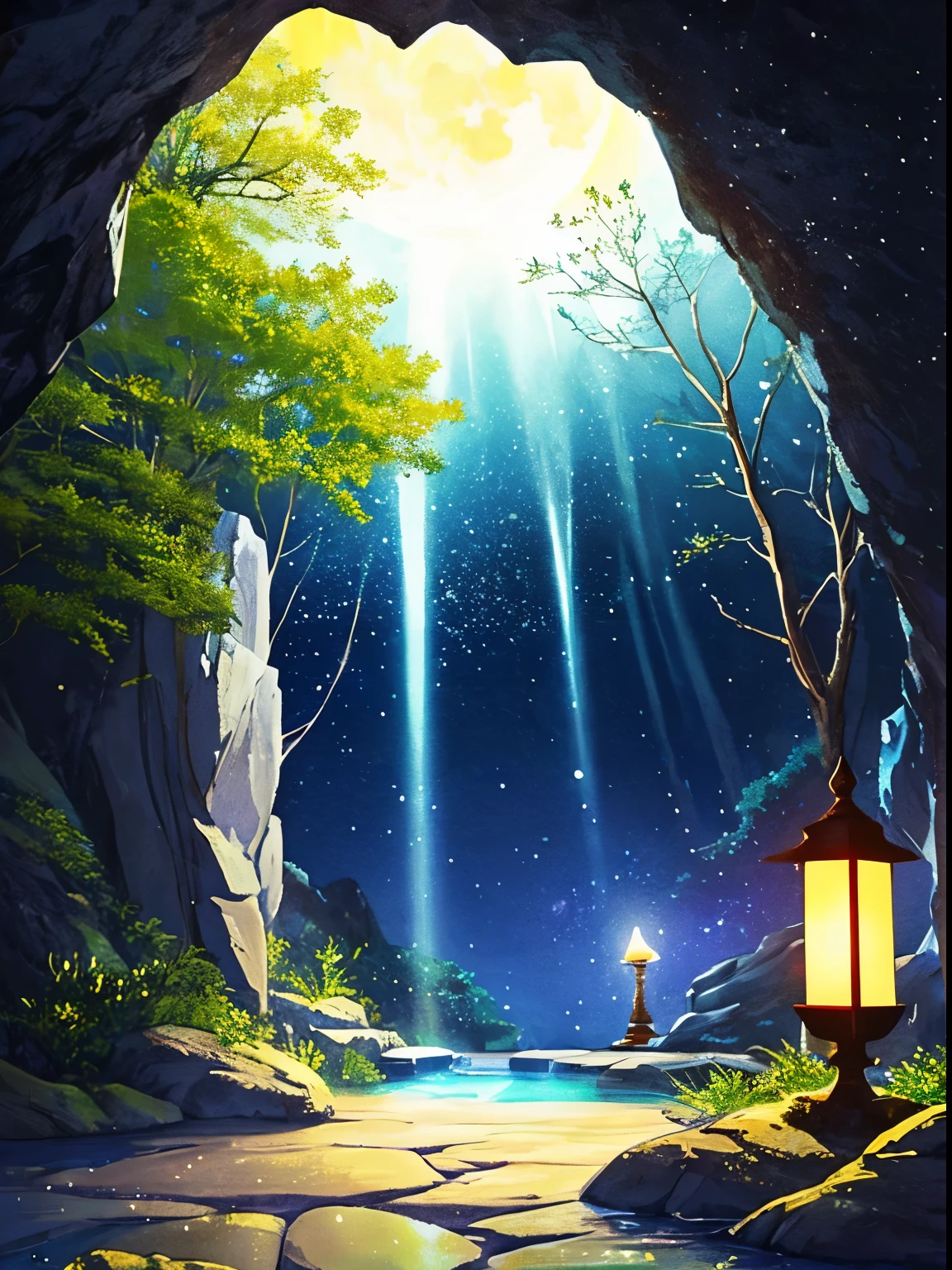 Crescent moon shining in the dark night sky seen from inside the cave, With the gentle light of fireflies. Scenes are depicted in a soft manner, Create a calm and dreamy atmosphere with pastel colors. The silhouette of a cave entrance frames the landscape., Enhance the depth and mysterious atmosphere of the moment. This image captures the delicate balance of light and darkness。, A fusion of the natural beauty of the moon and fireflies and the tranquility of a cave.」