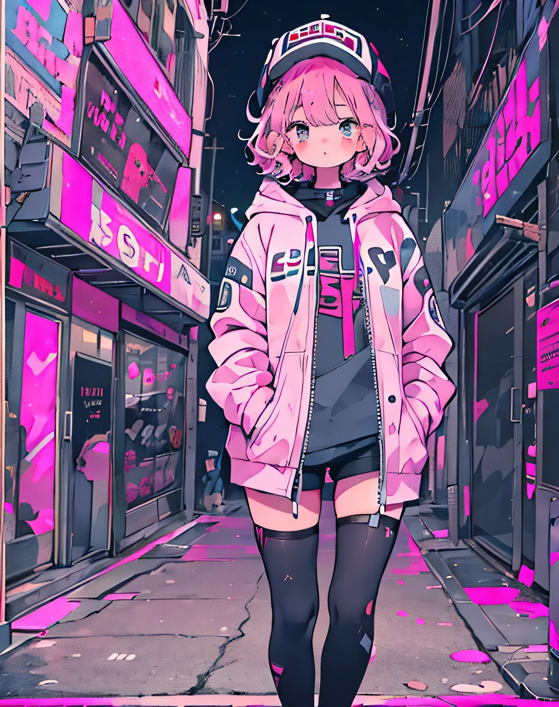 masterpiece,1 girl,alone,(((cutest girl ever)))、short hair,pink hair,Fashionable hoodies,mob cap, street,put your hands on your hips, put one'Hand in hand'pocket of,