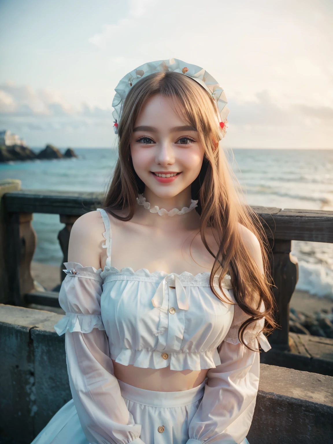 highest quality, 4k、cute british lolita、coastal、evening、smile