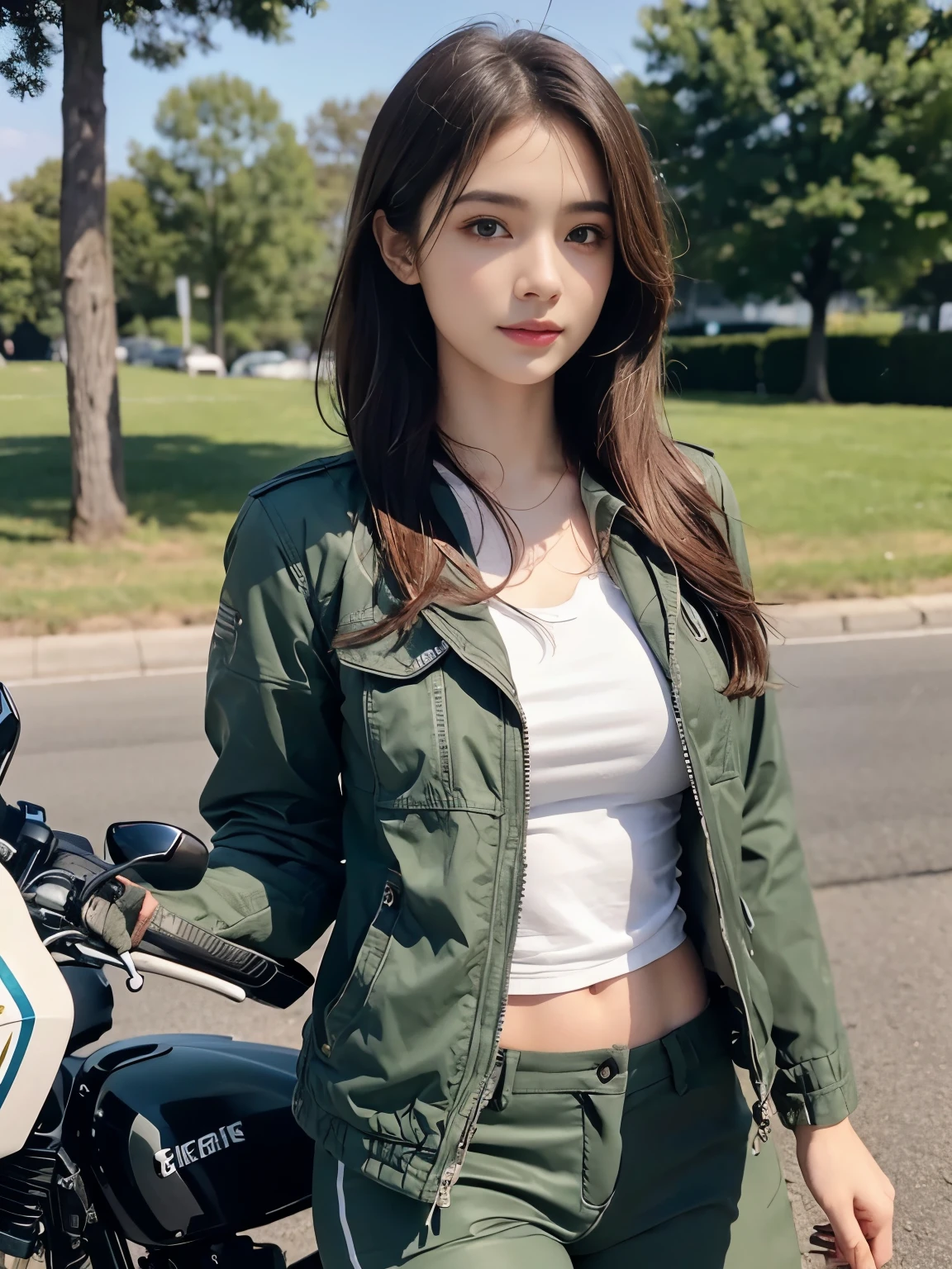  (realistic:1.5), 8k, Super delicate beauty, 1 girl, intricate body details, (short: 1.3), (highest quality: 1.0), (Super high sharpness: 1.0),（Beautiful and delicate depiction of eyes）,((((ride a motorcycle)))),unreal engine:1.4, photorealistic:1.4, skin texture:1.4, masterpiece:1.8,highest quality、smile、long limbs、((green jacket and long pants))