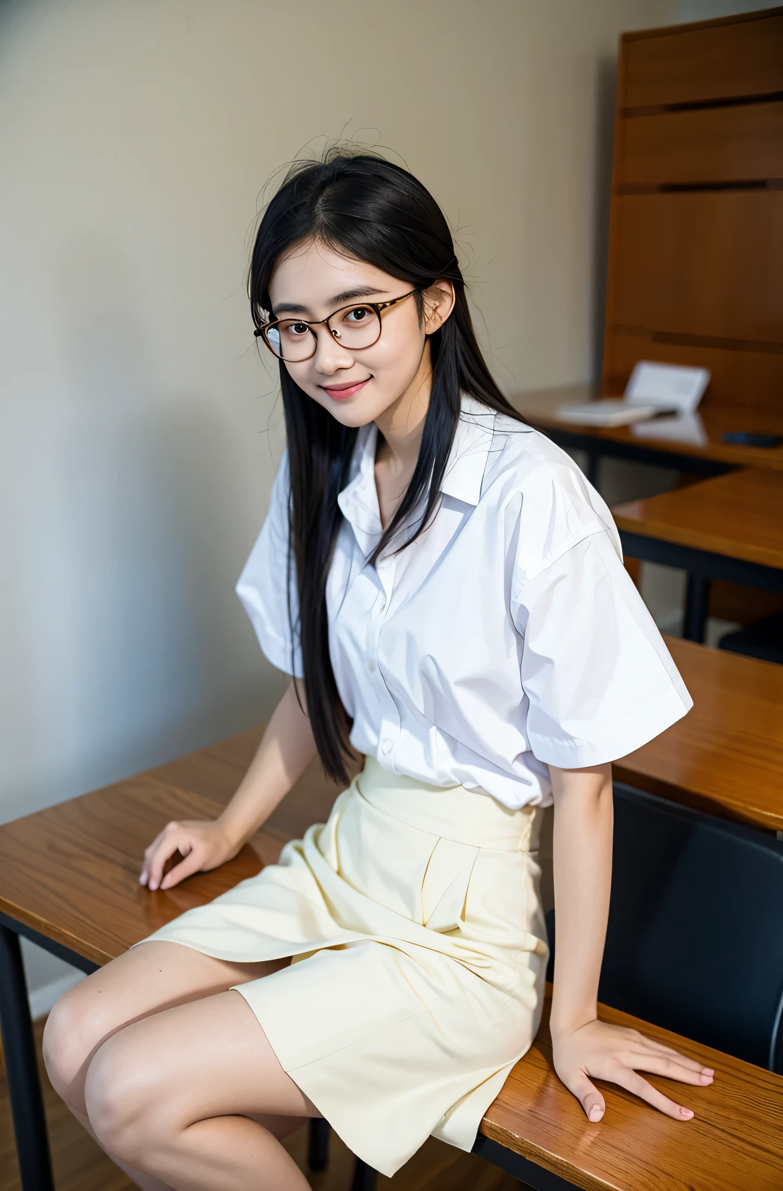 Burmese girl A slicked back hairstyle. long dark hair; Round glasses, Burmese teenage girl dress, white shirt Sitting on the school desk with a smile, school table Background table and white wall. A yellow flower on the girl's head. Head bowed. A picture with a full head. Turn to the left and sit. slim body. No dimples